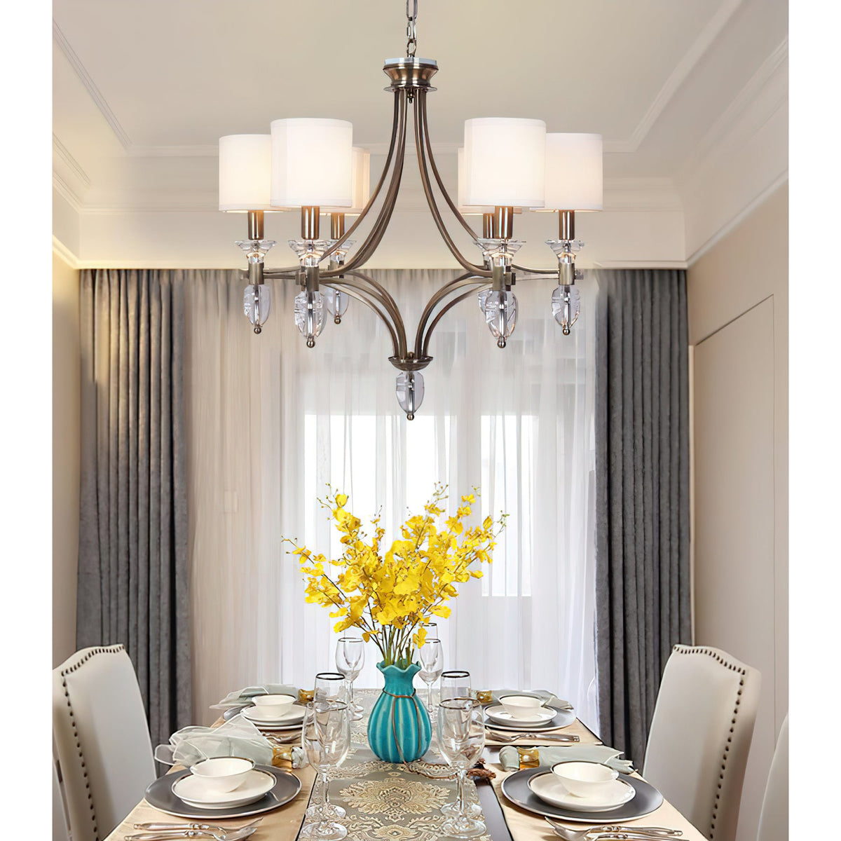 Colton Chandelier – Streamlined Bronze Iron & Fabric Shade Chandelier