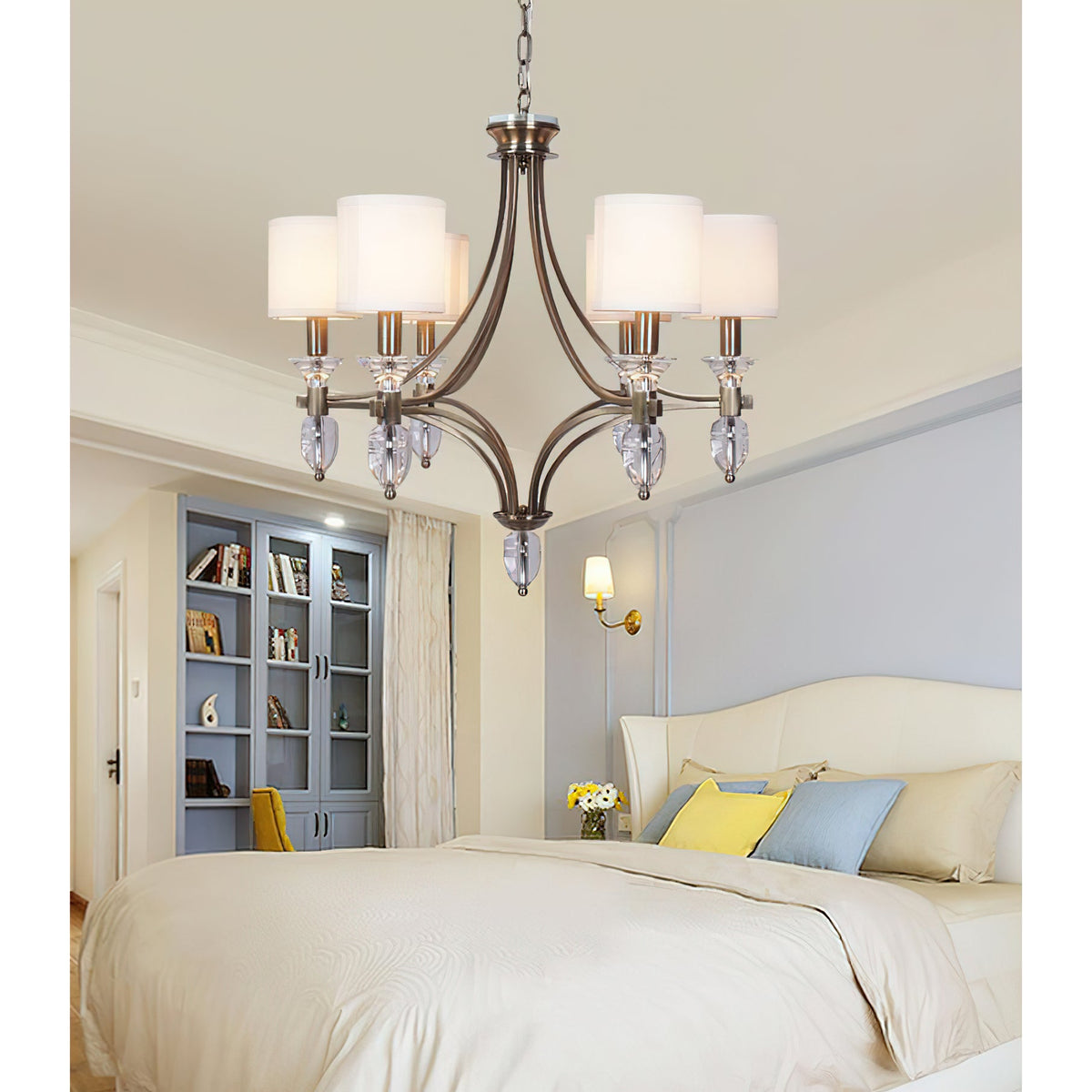 Colton Chandelier – Streamlined Bronze Iron & Fabric Shade Chandelier