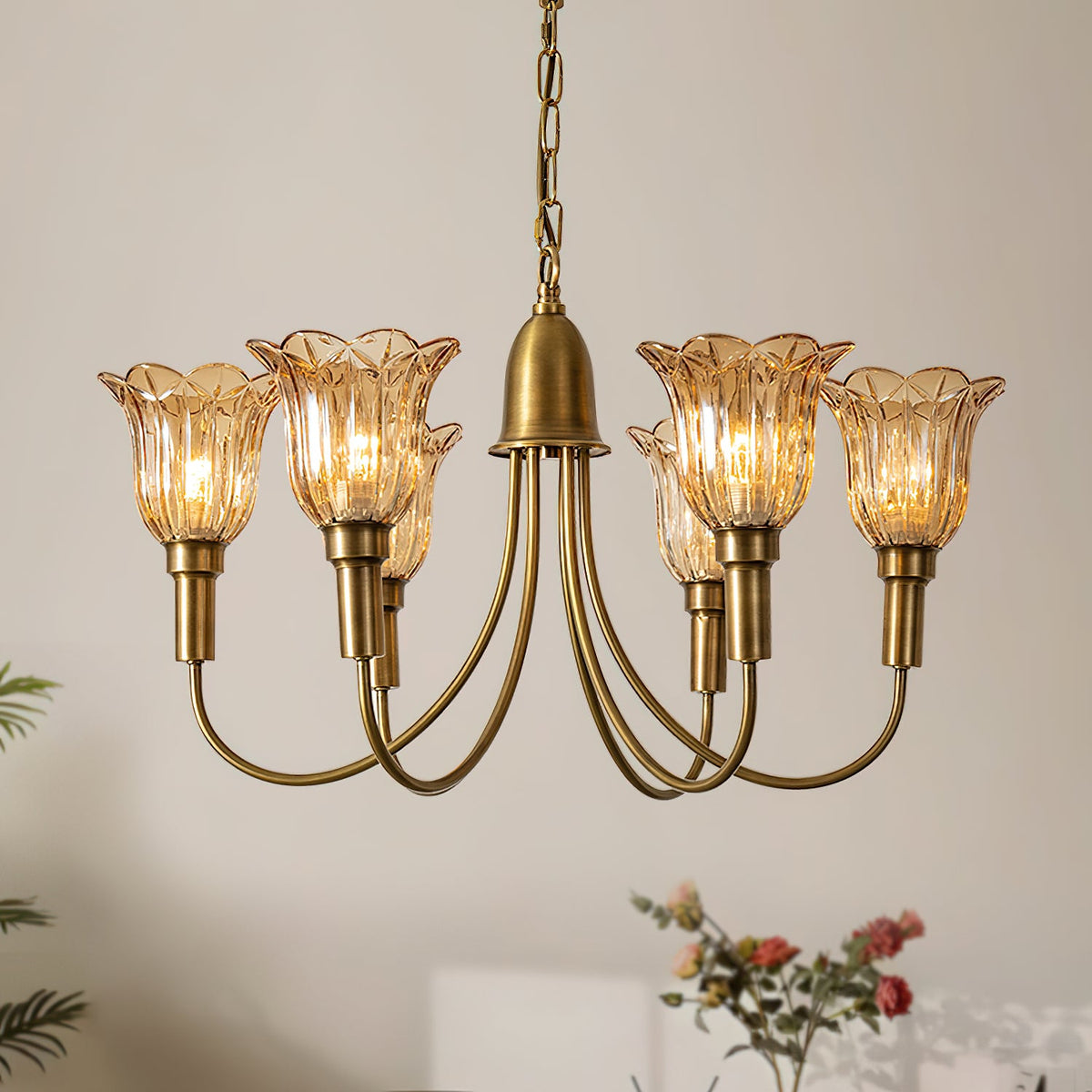 Columbia Brass Chandelier – Vintage Art Deco Brass & Glass Chandelier