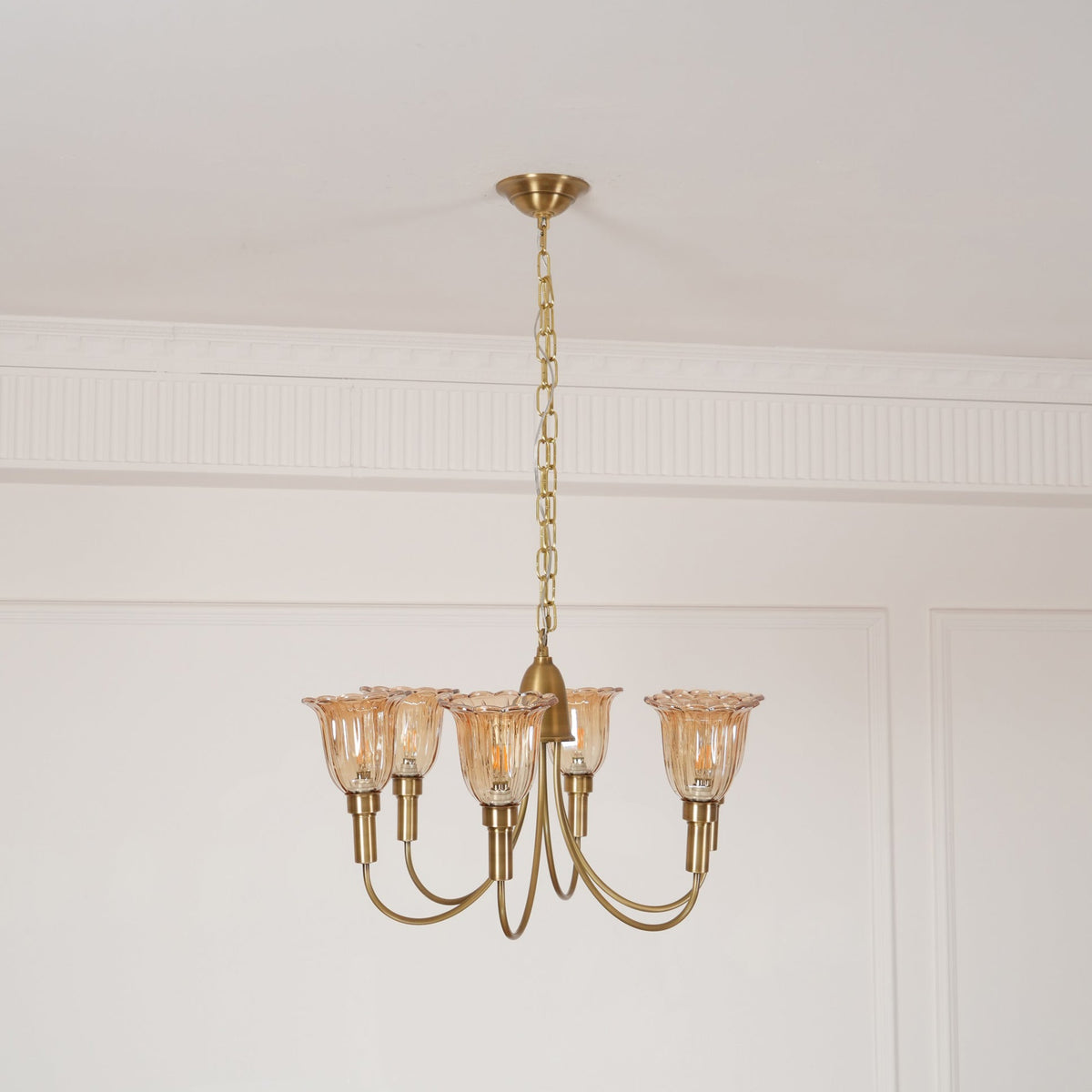 Columbia Brass Chandelier – Vintage Art Deco Brass & Glass Chandelier