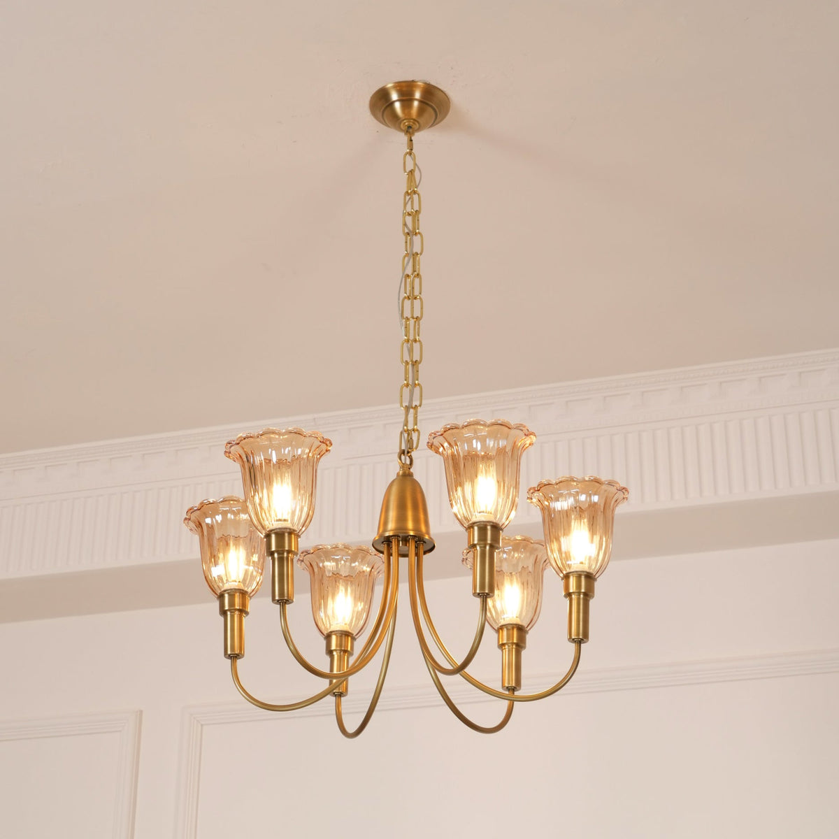 Columbia Brass Chandelier – Vintage Art Deco Brass & Glass Chandelier