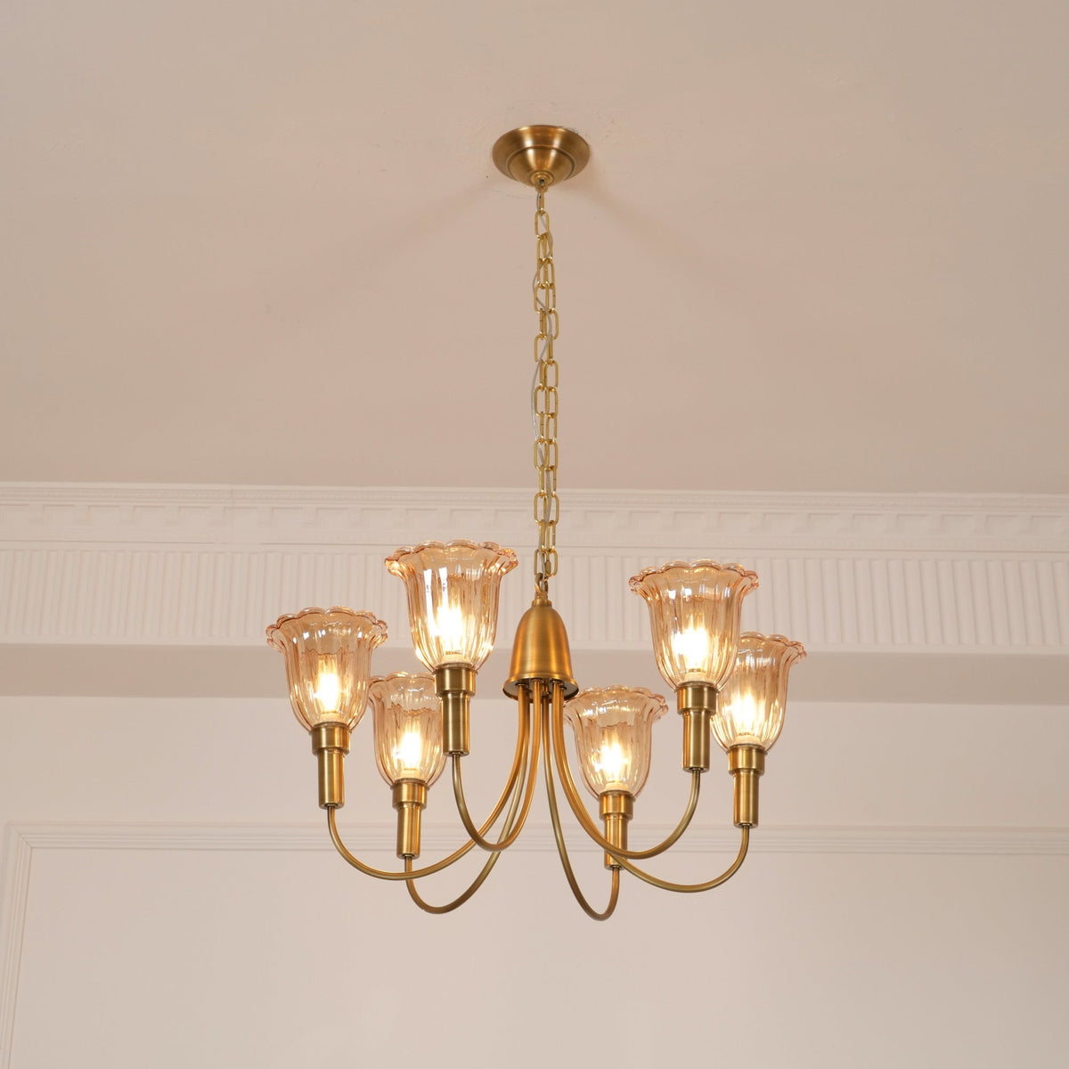 Columbia Brass Chandelier – Vintage Art Deco Brass & Glass Chandelier