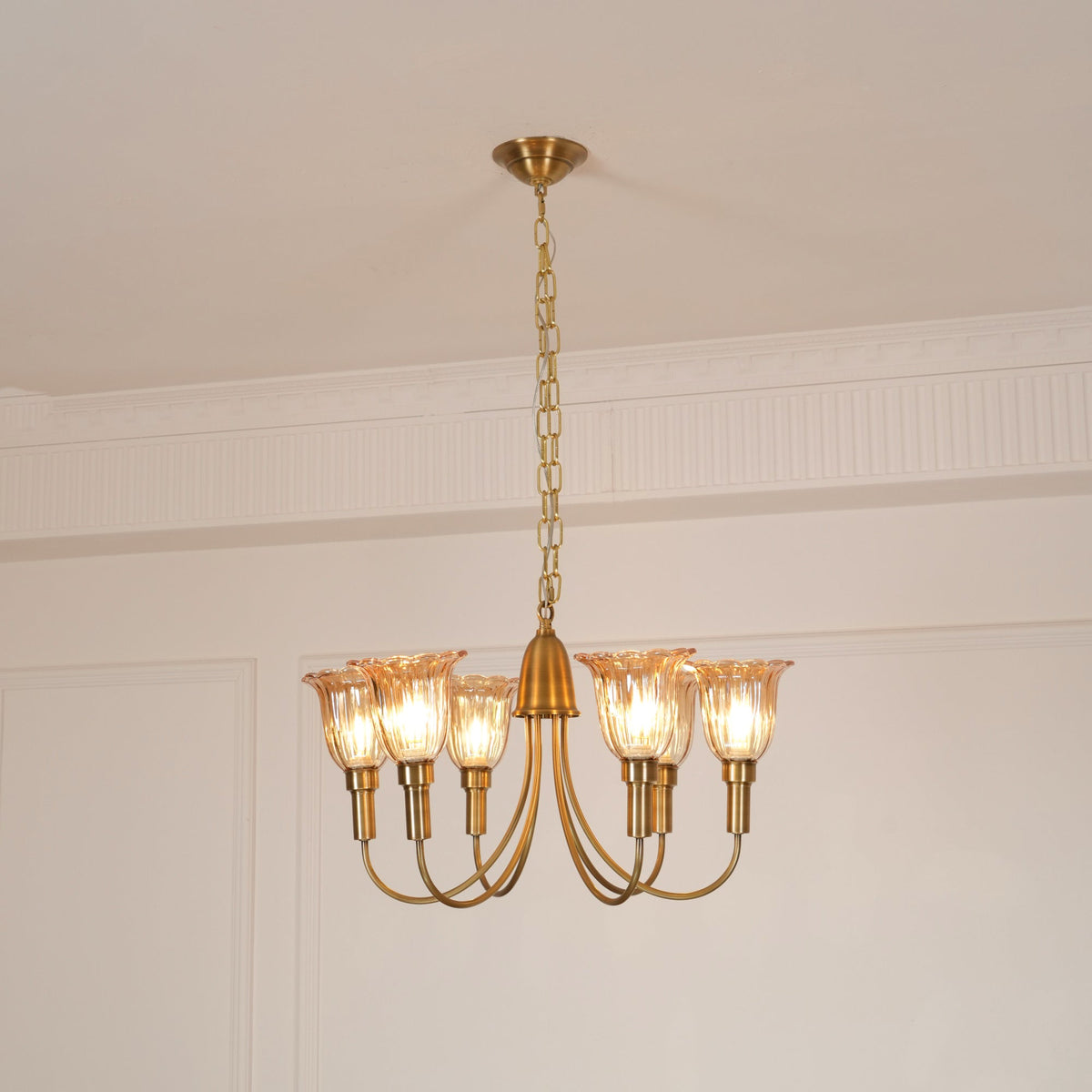 Columbia Brass Chandelier – Vintage Art Deco Brass & Glass Chandelier