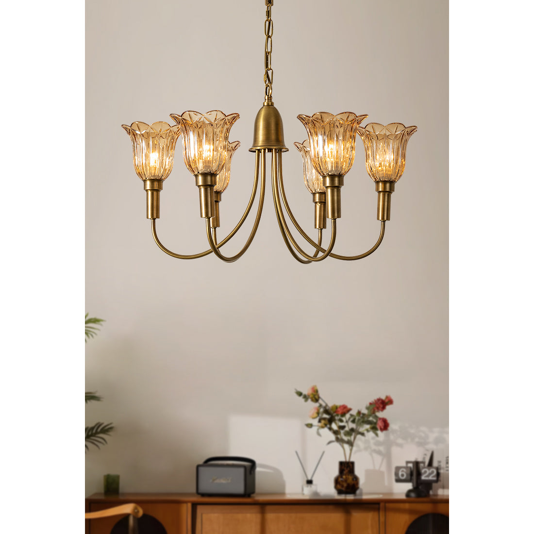 Columbia Brass Chandelier – Vintage Art Deco Brass & Glass Chandelier