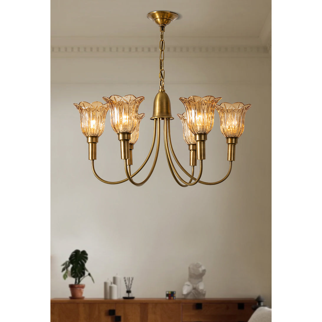 Columbia Brass Chandelier – Vintage Art Deco Brass & Glass Chandelier