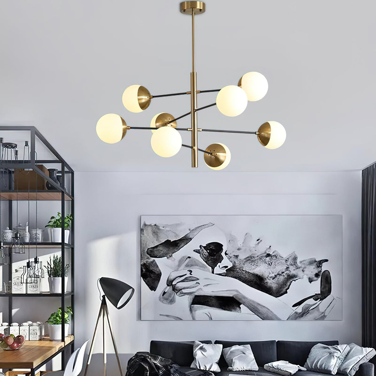 Compass Chandelier – Mid-Century Modern Brass & Glass Branching Chandelier