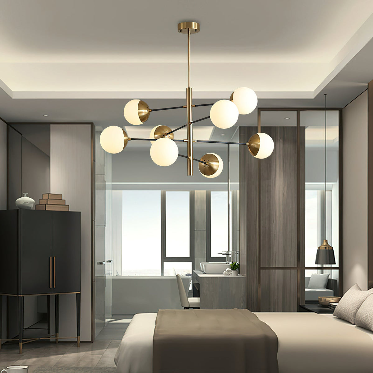Compass Chandelier – Mid-Century Modern Brass & Glass Branching Chandelier