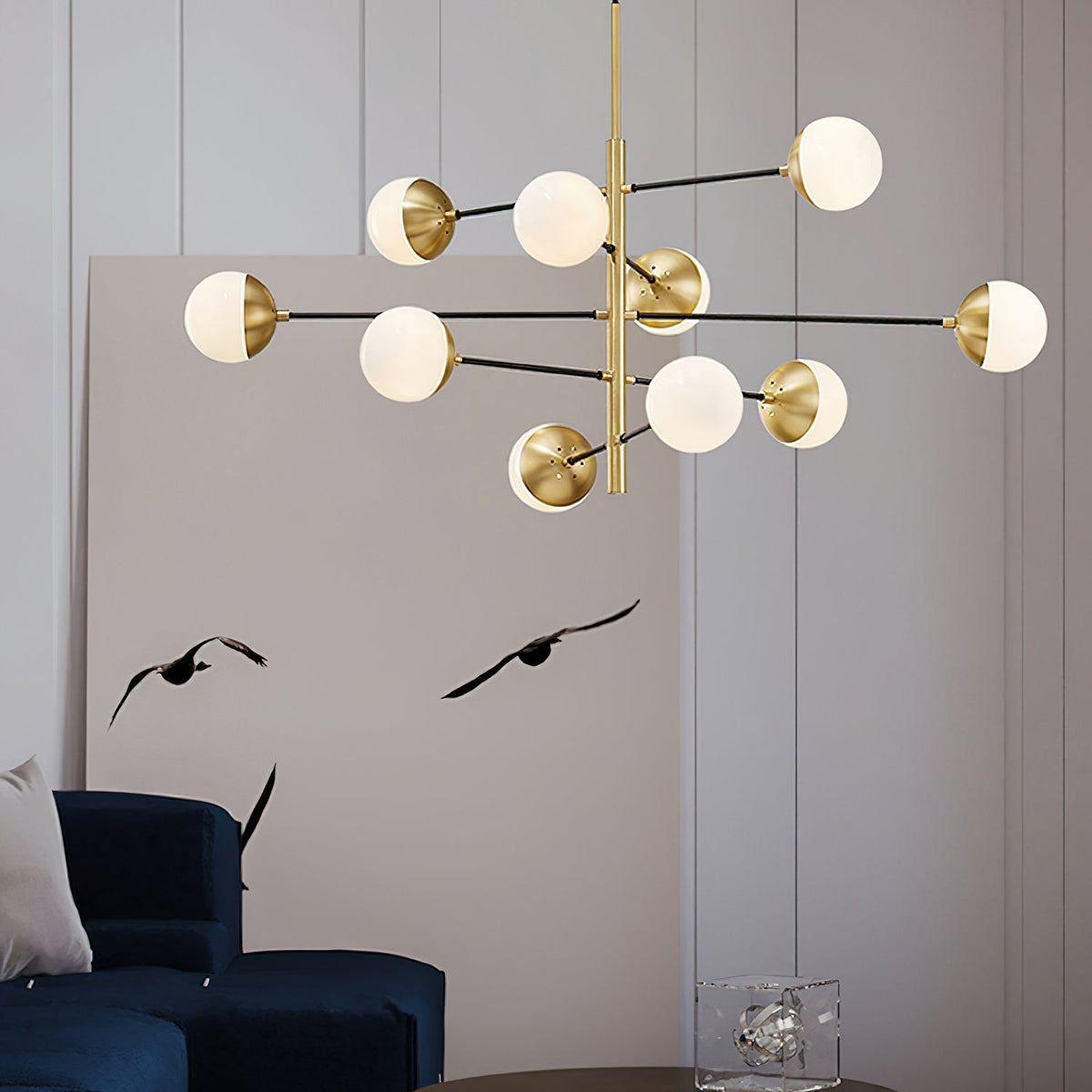 Compass Chandelier – Mid-Century Modern Brass & Glass Branching Chandelier