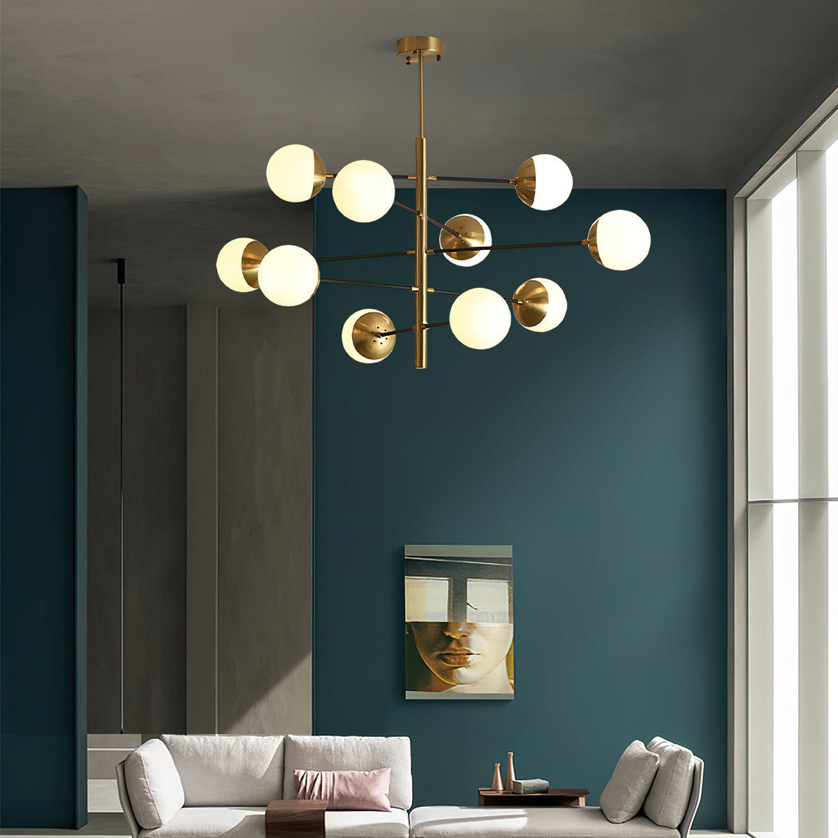 Compass Chandelier – Mid-Century Modern Brass & Glass Branching Chandelier
