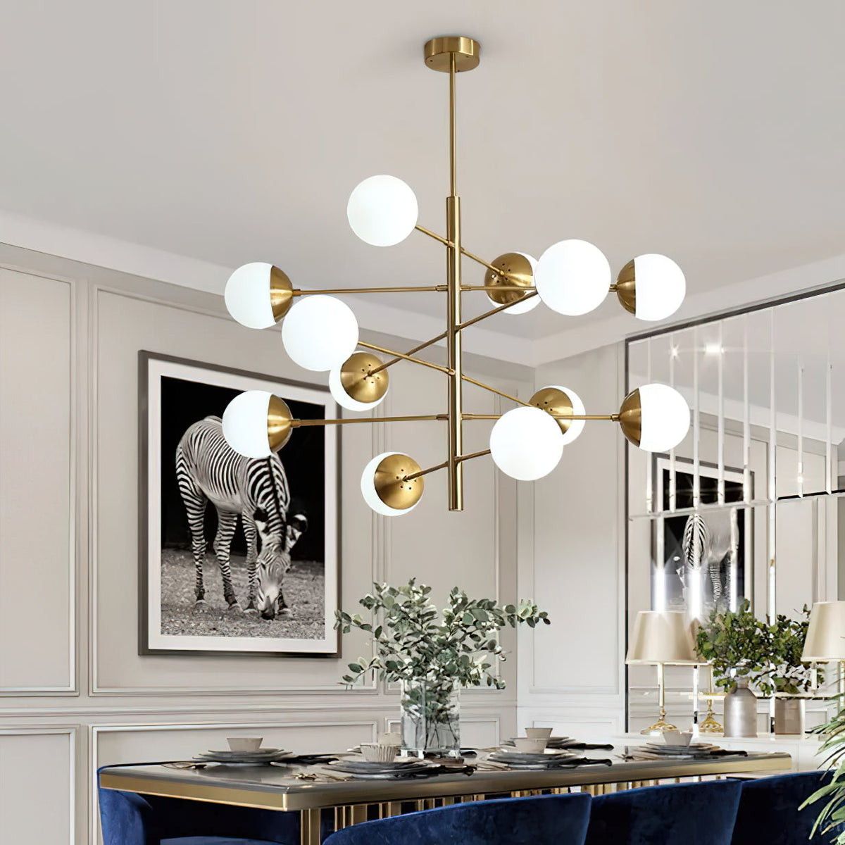Compass Chandelier – Mid-Century Modern Brass & Glass Branching Chandelier