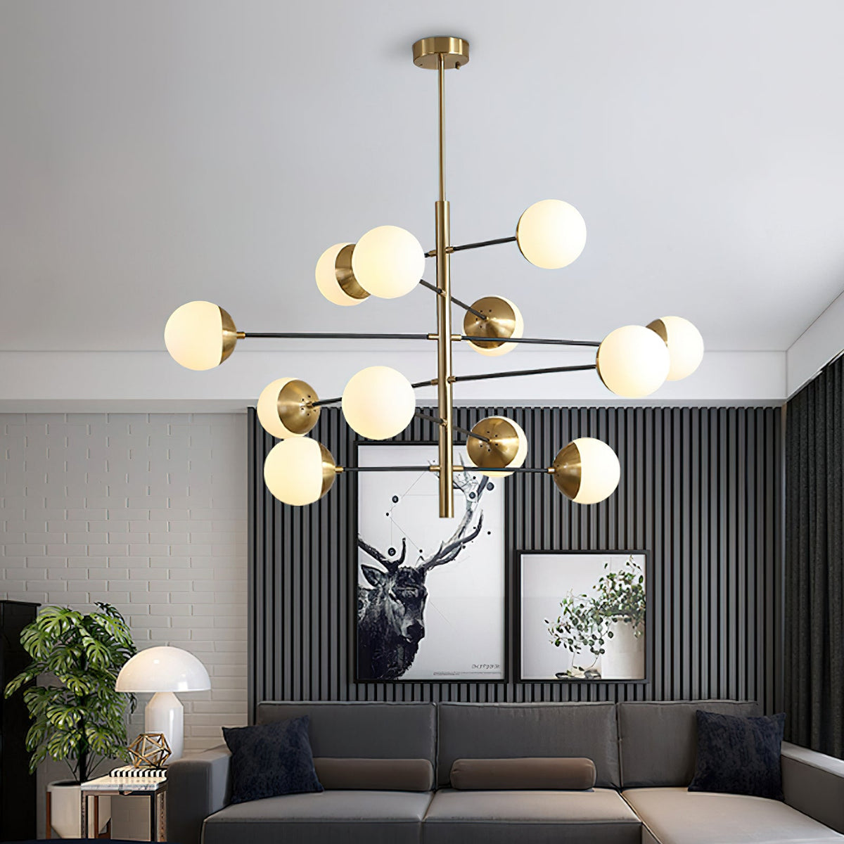 Compass Chandelier – Mid-Century Modern Brass & Glass Branching Chandelier