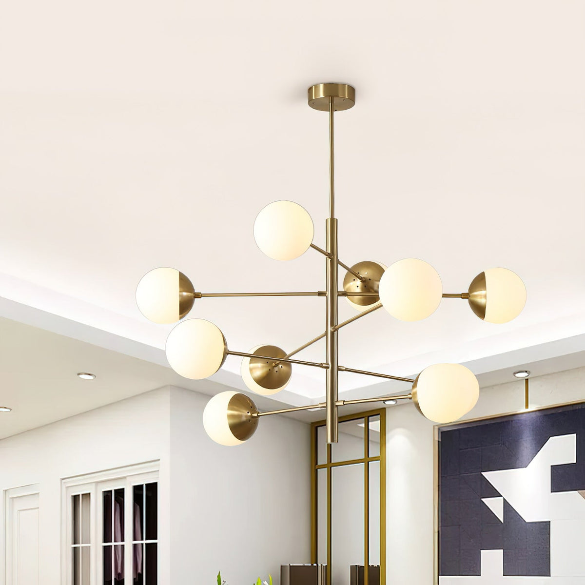 Compass Chandelier – Mid-Century Modern Brass & Glass Branching Chandelier