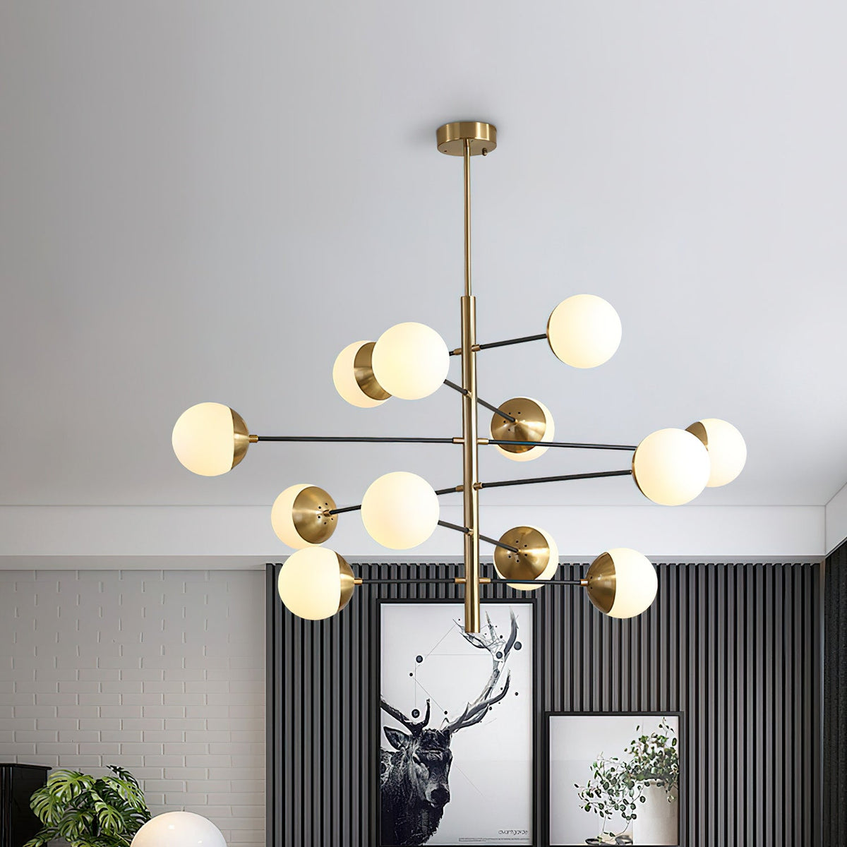 Compass Chandelier – Mid-Century Modern Brass & Glass Branching Chandelier