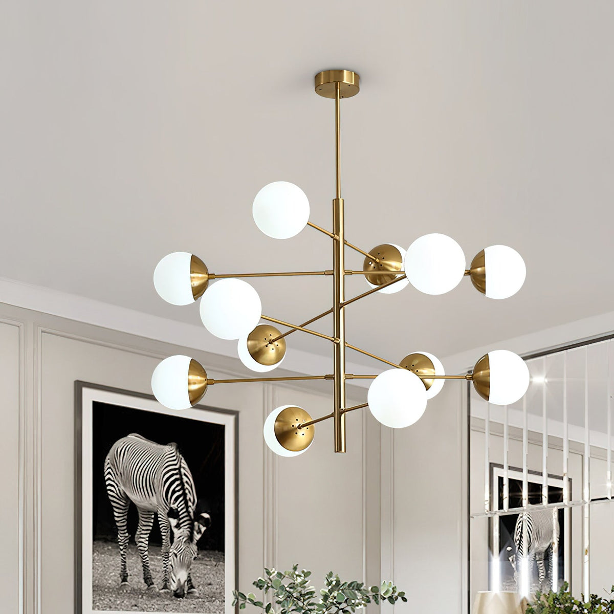 Compass Chandelier – Mid-Century Modern Brass & Glass Branching Chandelier