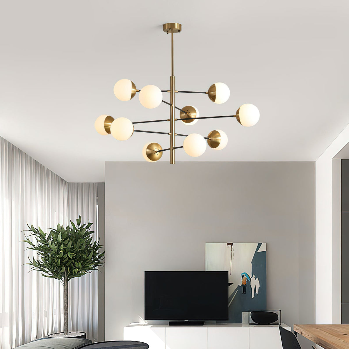 Compass Chandelier – Mid-Century Modern Brass & Glass Branching Chandelier