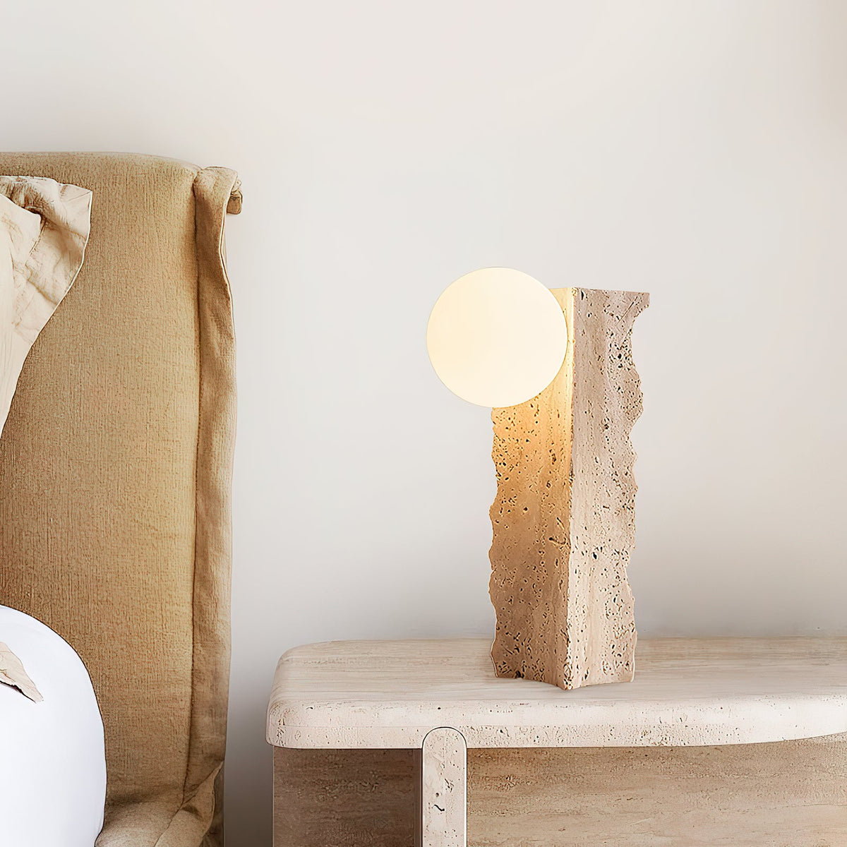 Conduit Travertine Table Lamp – Minimalist Natural Travertine & Glass Accent Lamp