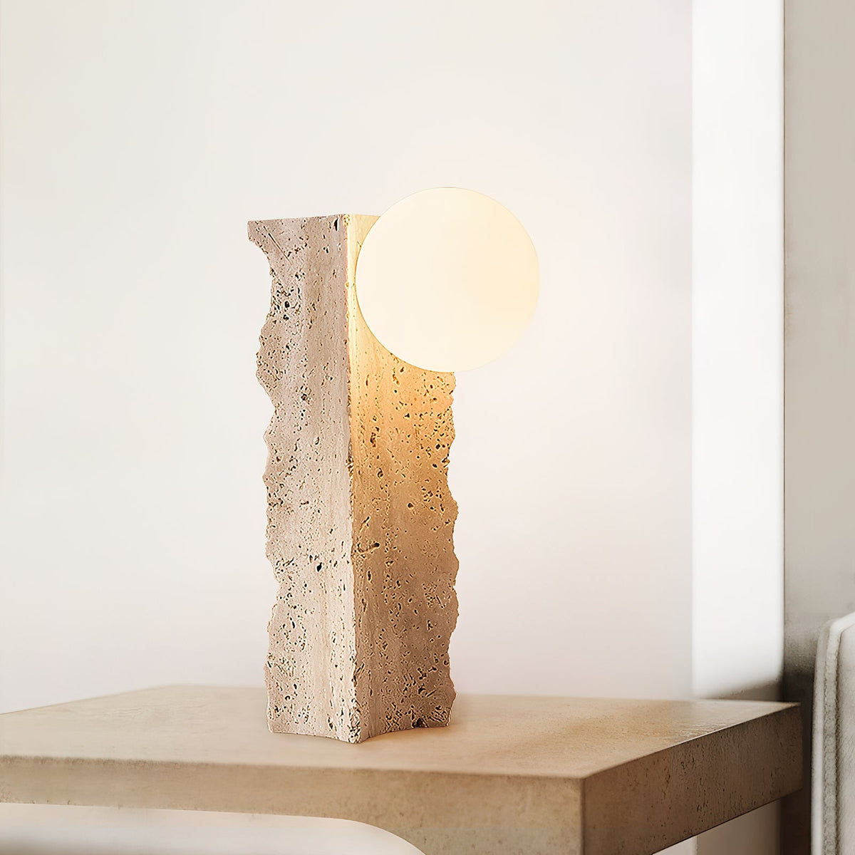 Conduit Travertine Table Lamp – Minimalist Natural Travertine & Glass Accent Lamp