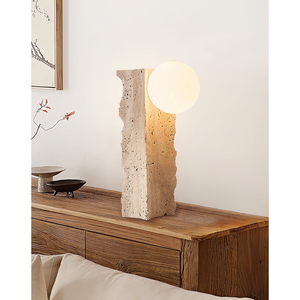 Conduit Travertine Table Lamp – Minimalist Natural Travertine & Glass Accent Lamp