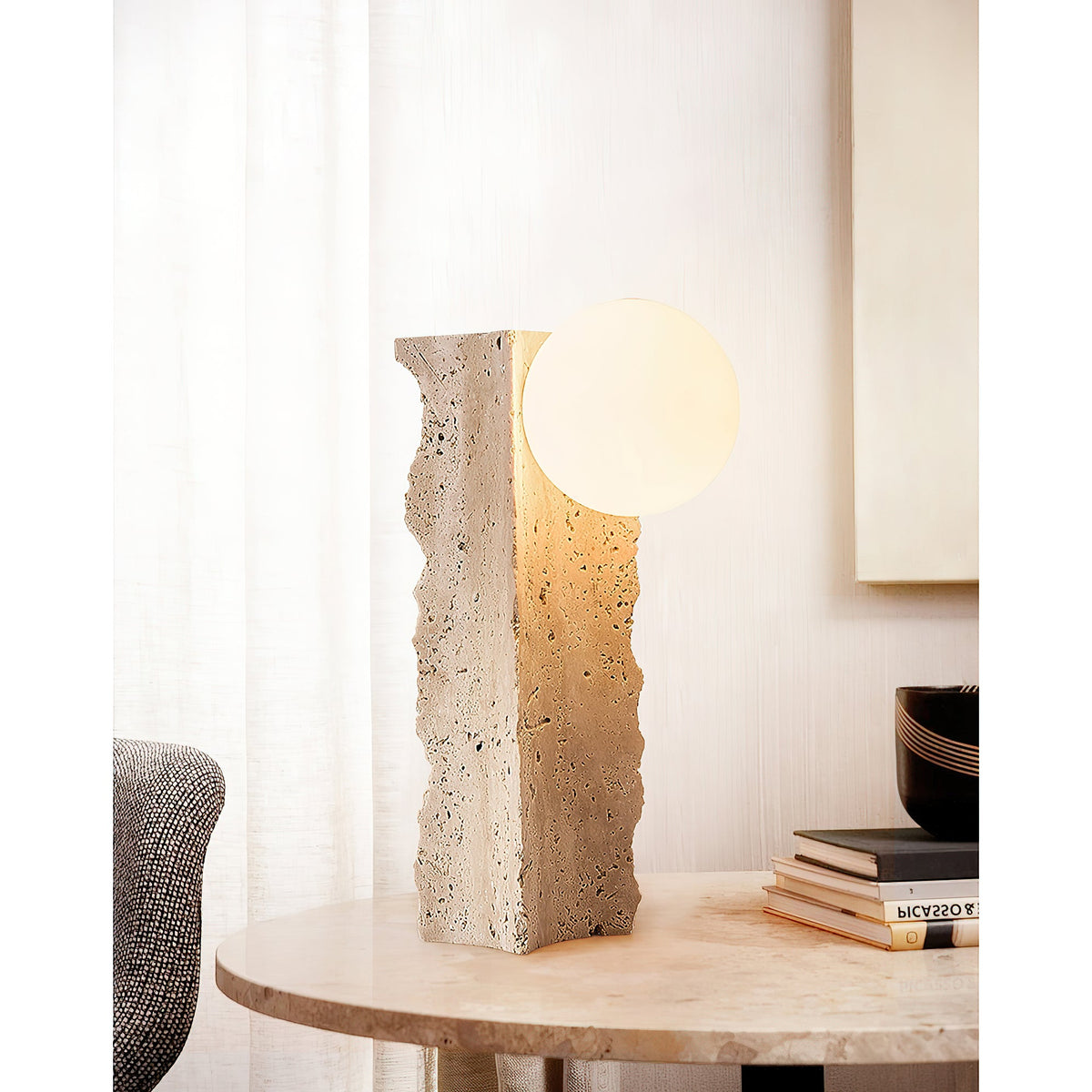 Conduit Travertine Table Lamp – Minimalist Natural Travertine & Glass Accent Lamp