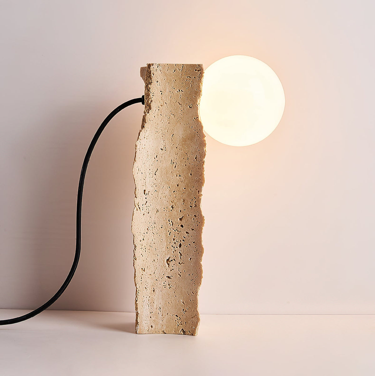Conduit Travertine Table Lamp – Minimalist Natural Travertine & Glass Accent Lamp