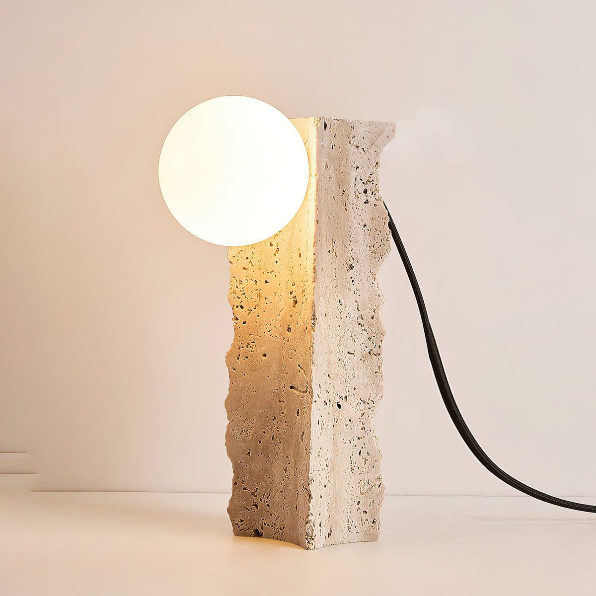 Conduit Travertine Table Lamp – Minimalist Natural Travertine & Glass Accent Lamp