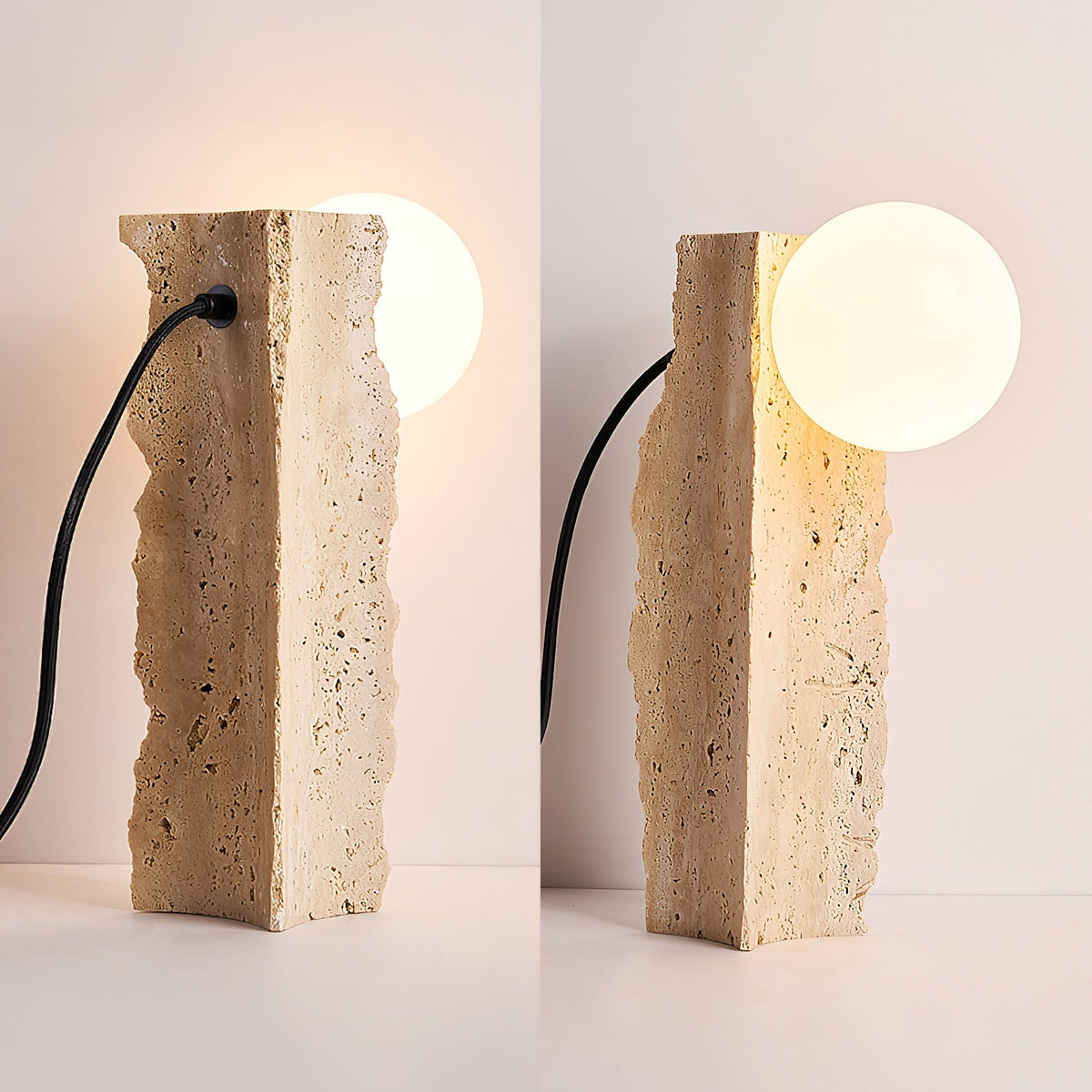 Conduit Travertine Table Lamp – Minimalist Natural Travertine & Glass Accent Lamp