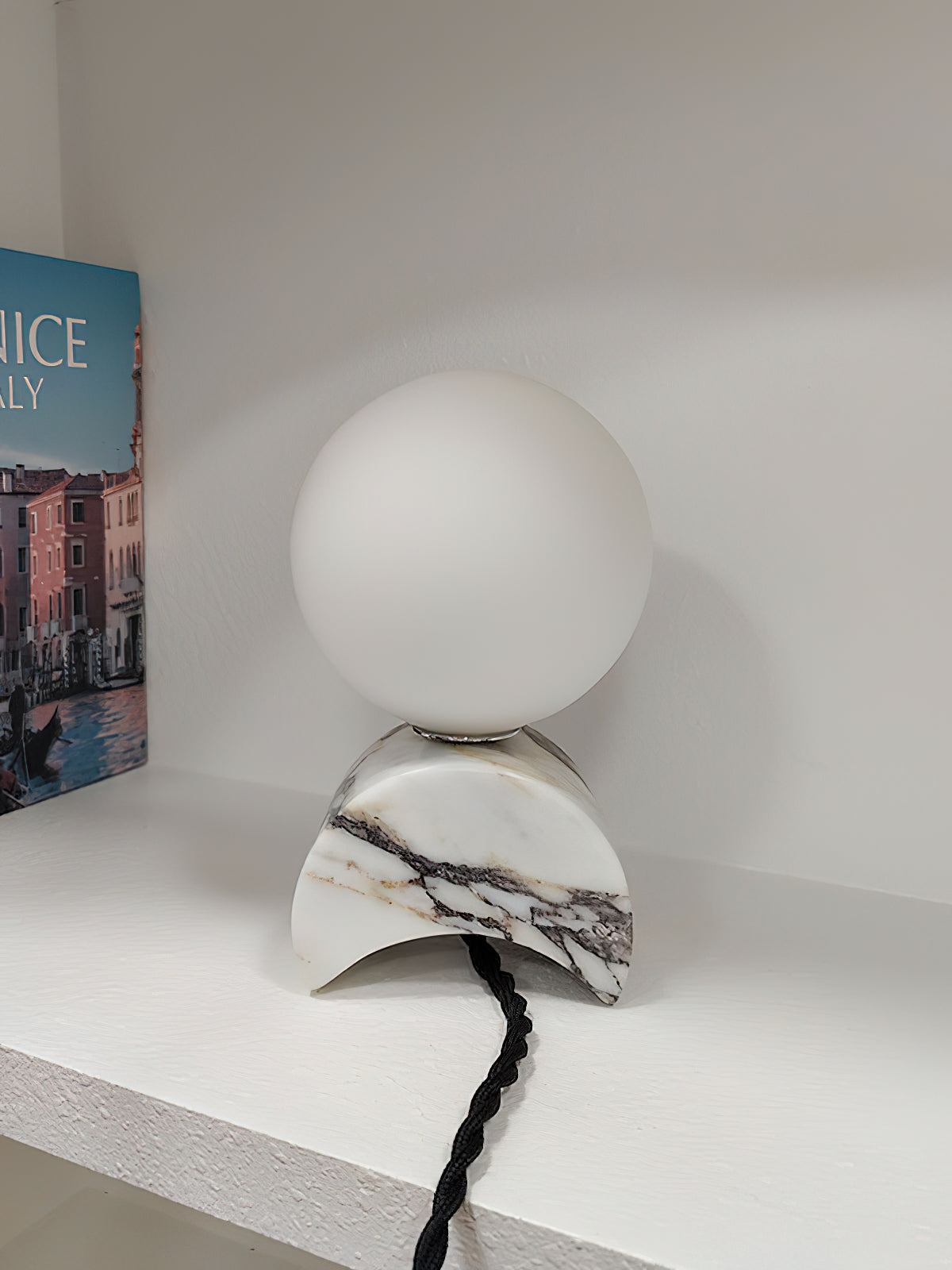 Crescent Marble Table Lamp – Minimalist Solid White Marble & Glass Accent Lamp