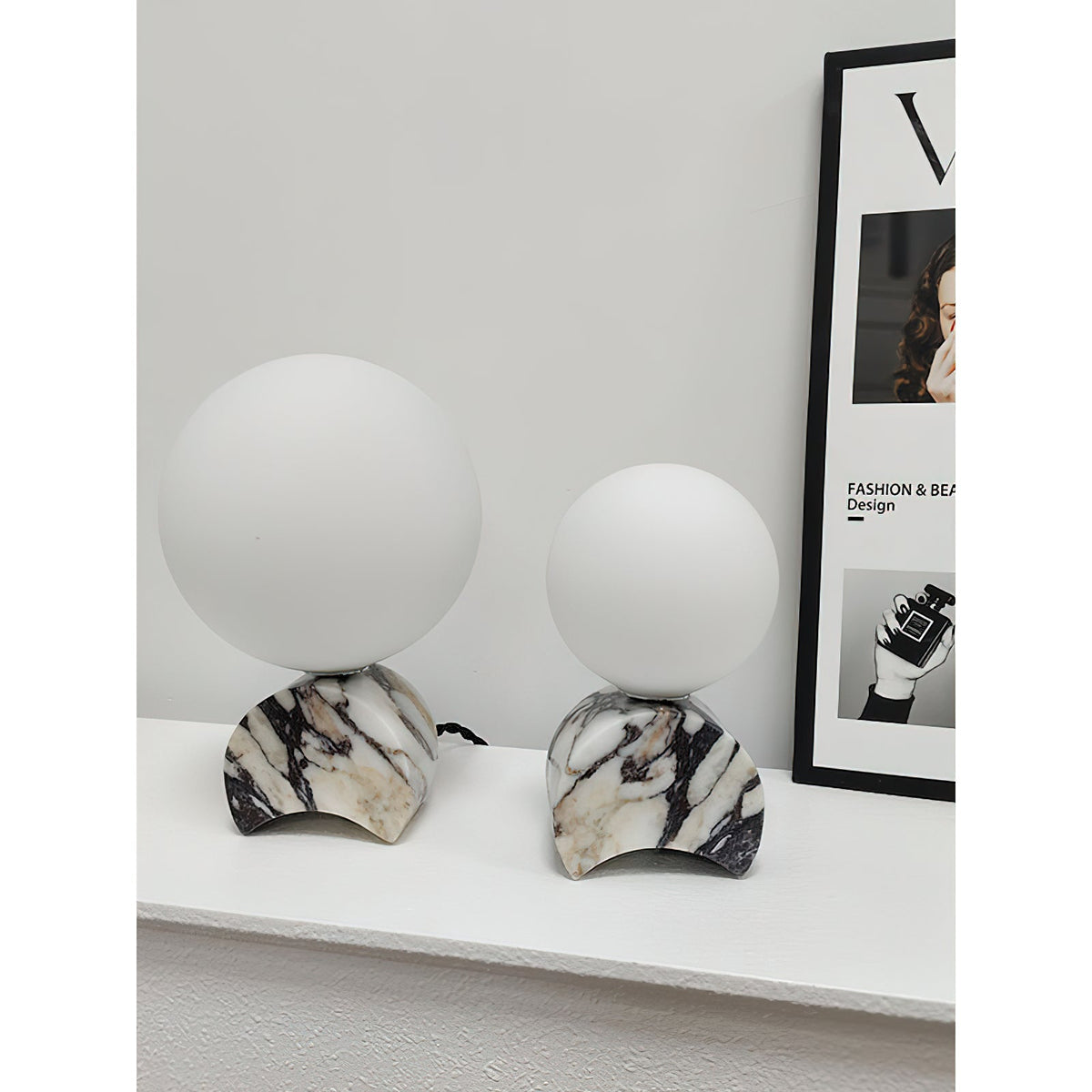 Crescent Marble Table Lamp – Minimalist Solid White Marble & Glass Accent Lamp