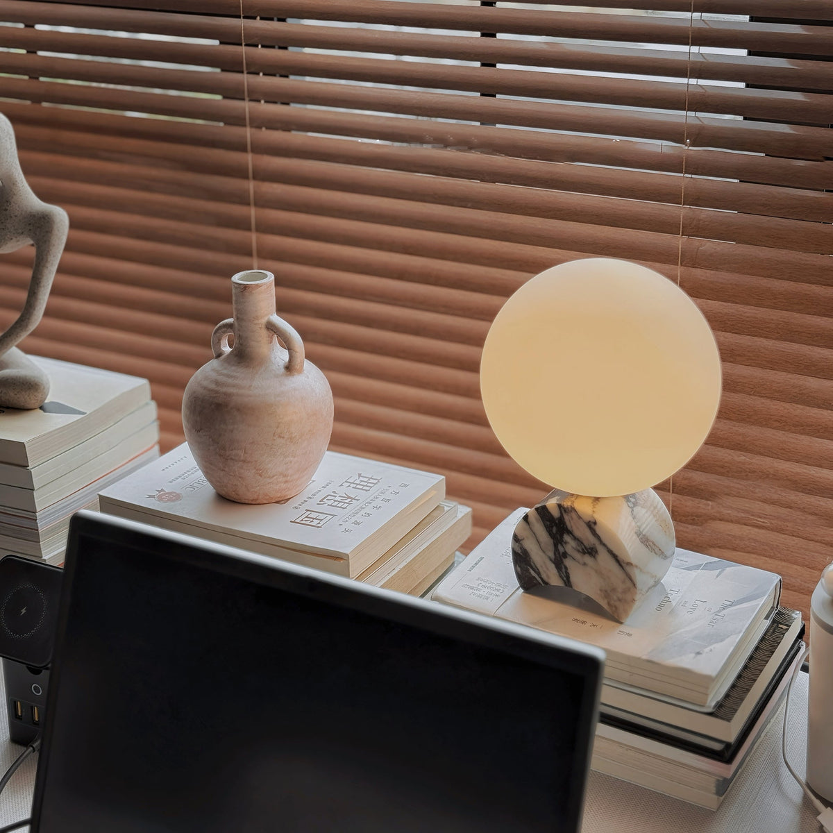 Crescent Marble Table Lamp – Minimalist Solid White Marble & Glass Accent Lamp