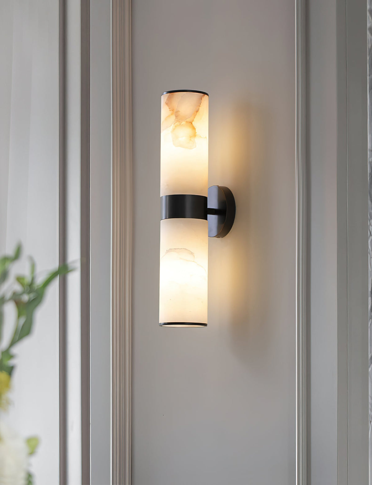 Crestmoor Vanity Alabaster Sconce – Modern Brass & Natural Alabaster Dual Cylinder Sconce
