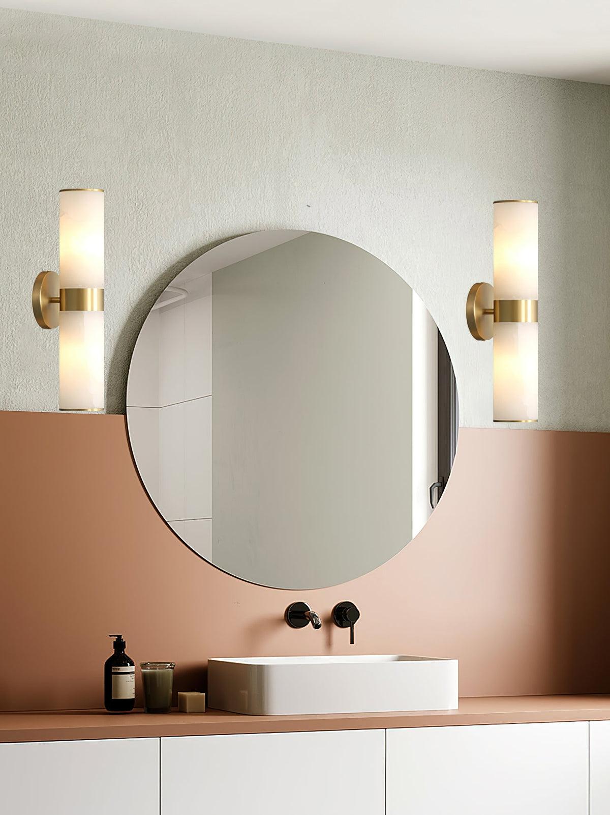 Crestmoor Vanity Alabaster Sconce – Modern Brass & Natural Alabaster Dual Cylinder Sconce