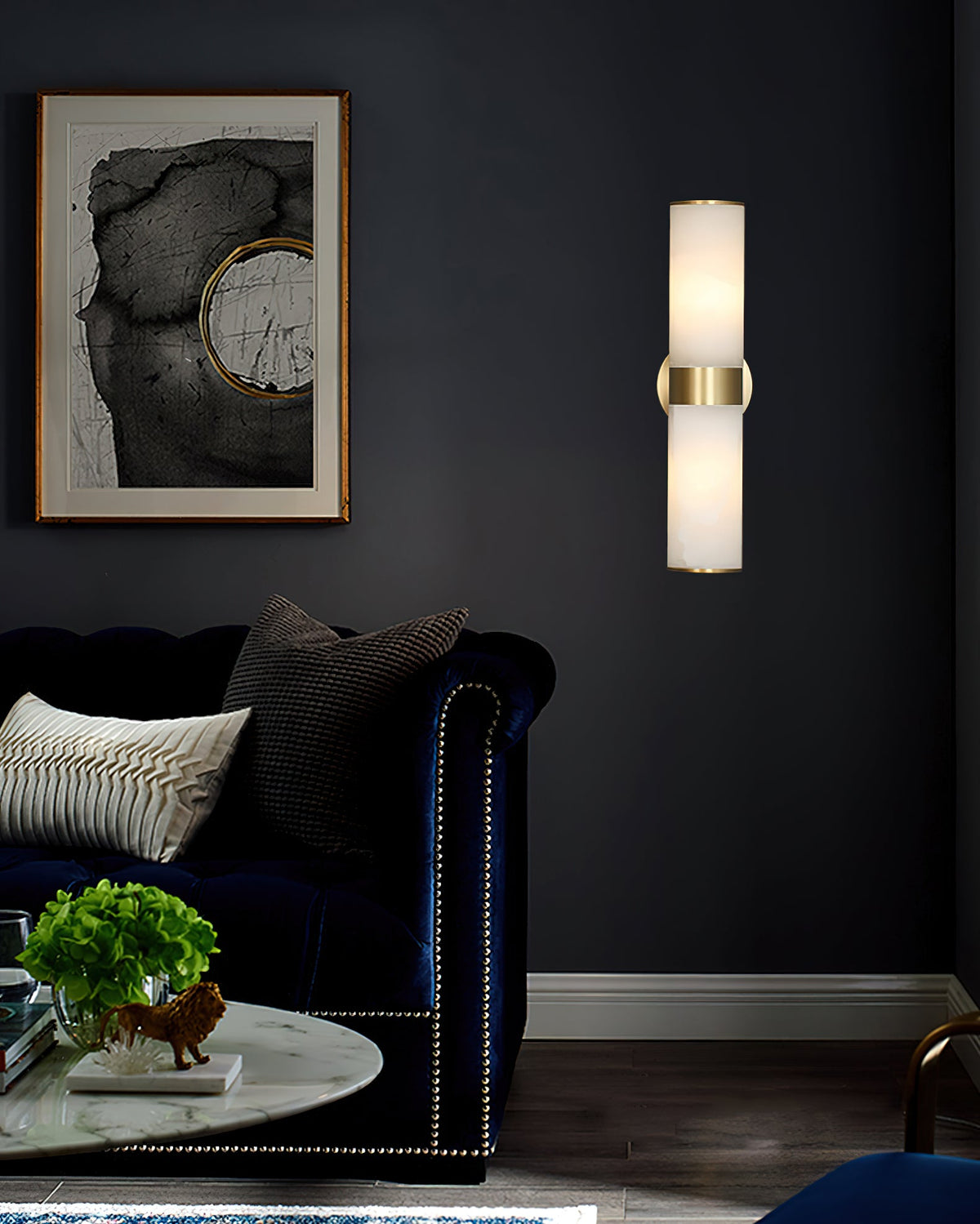 Crestmoor Vanity Alabaster Sconce – Modern Brass & Natural Alabaster Dual Cylinder Sconce