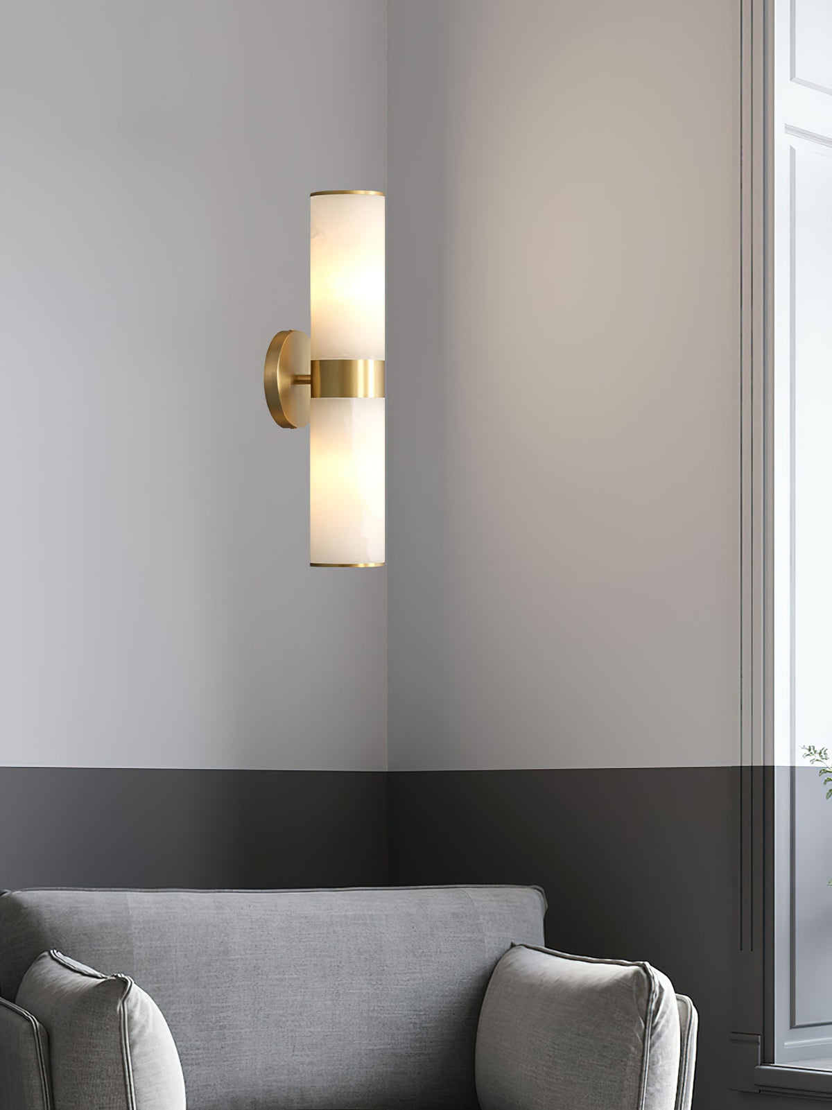 Crestmoor Vanity Alabaster Sconce – Modern Brass & Natural Alabaster Dual Cylinder Sconce
