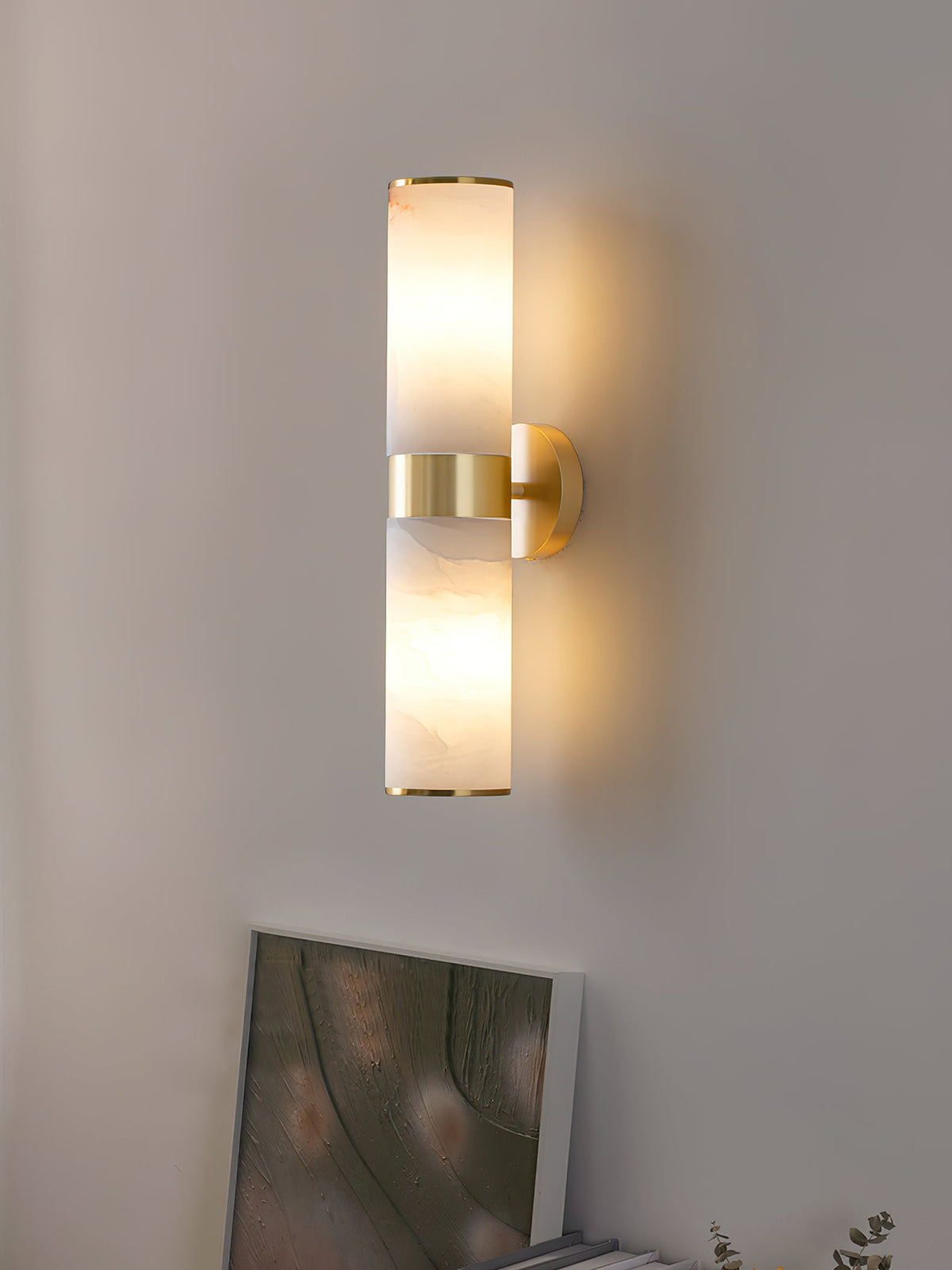 Crestmoor Vanity Alabaster Sconce – Modern Brass & Natural Alabaster Dual Cylinder Sconce