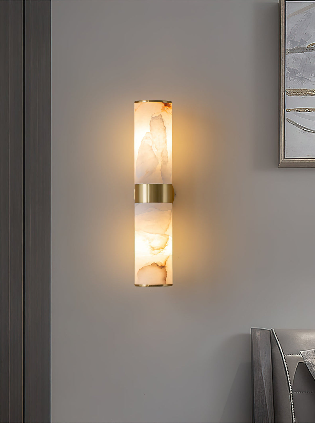 Crestmoor Vanity Alabaster Sconce – Modern Brass & Natural Alabaster Dual Cylinder Sconce