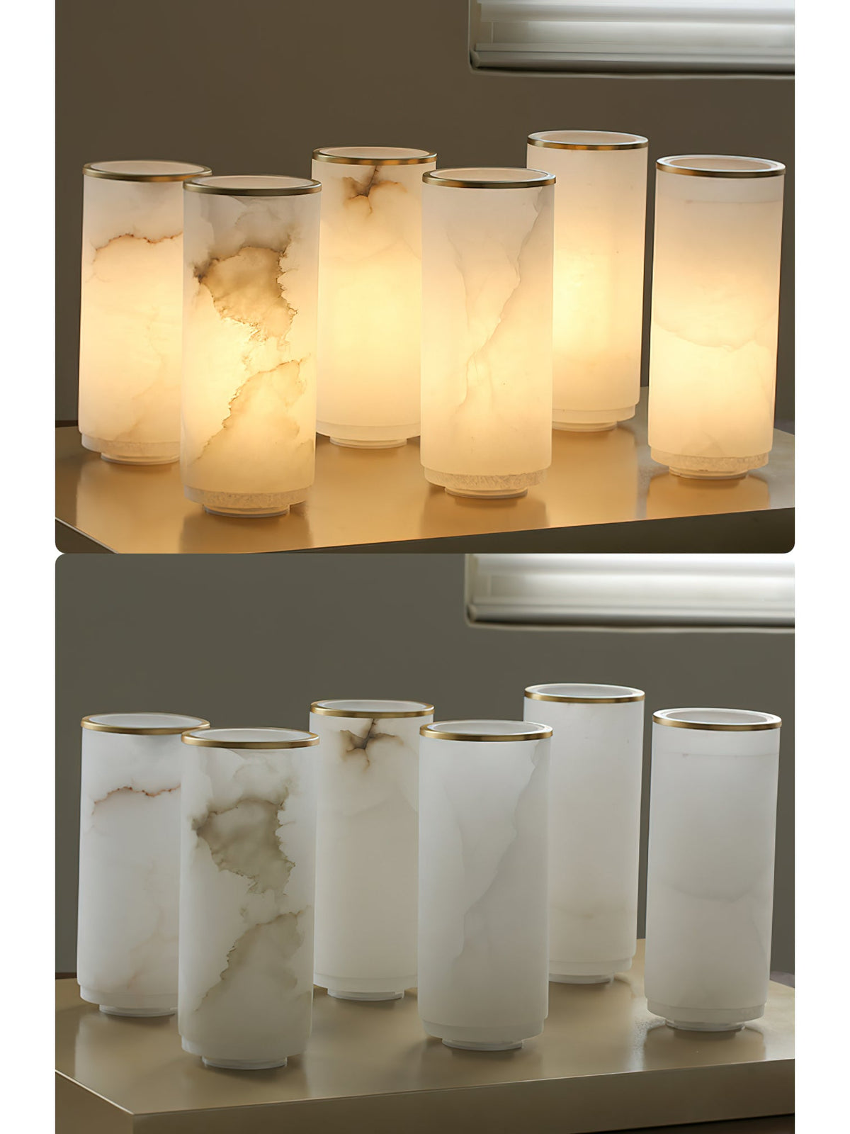 Crestmoor Vanity Alabaster Sconce – Modern Brass & Natural Alabaster Dual Cylinder Sconce