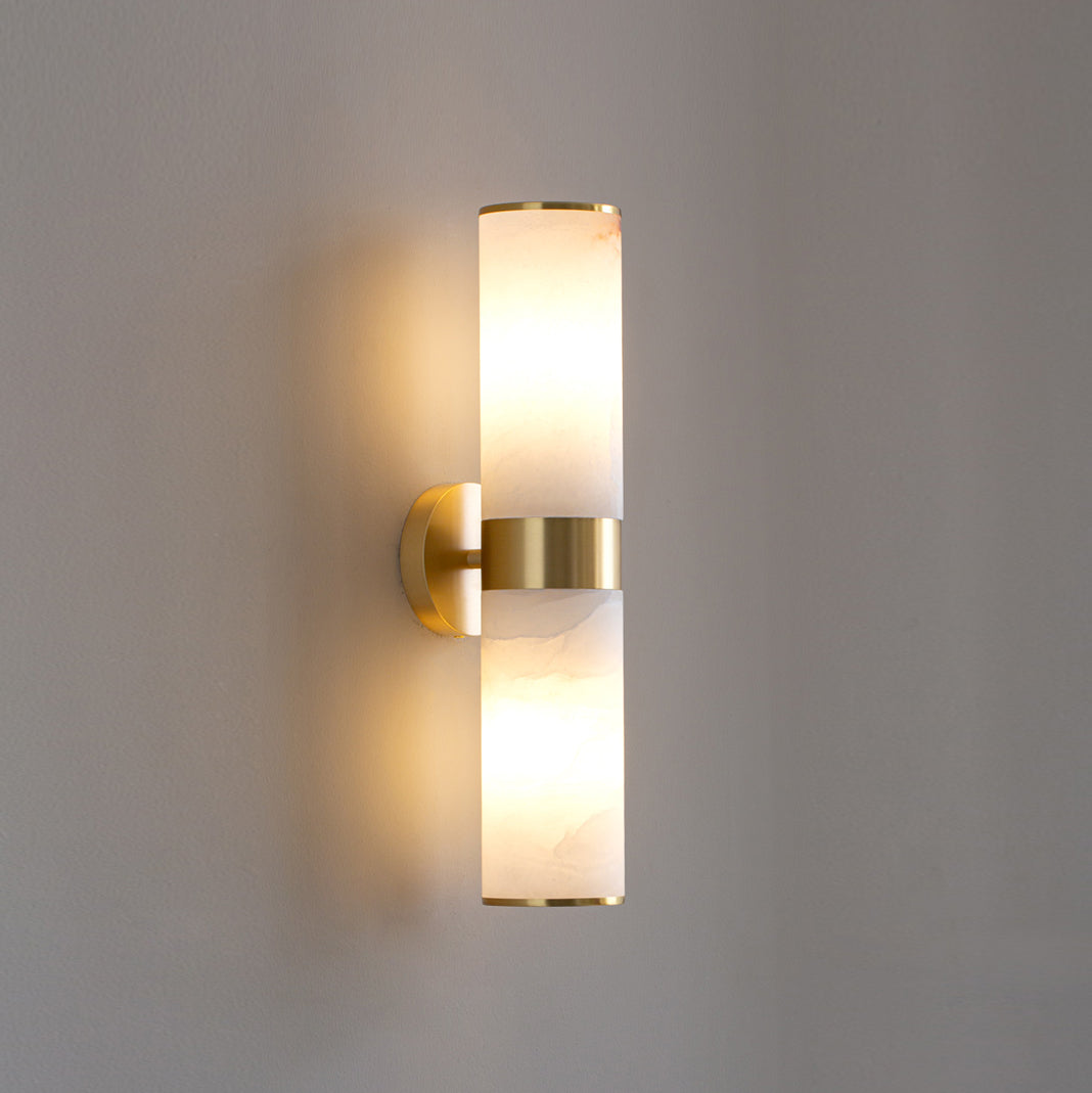 Crestmoor Vanity Alabaster Sconce – Modern Brass & Natural Alabaster Dual Cylinder Sconce