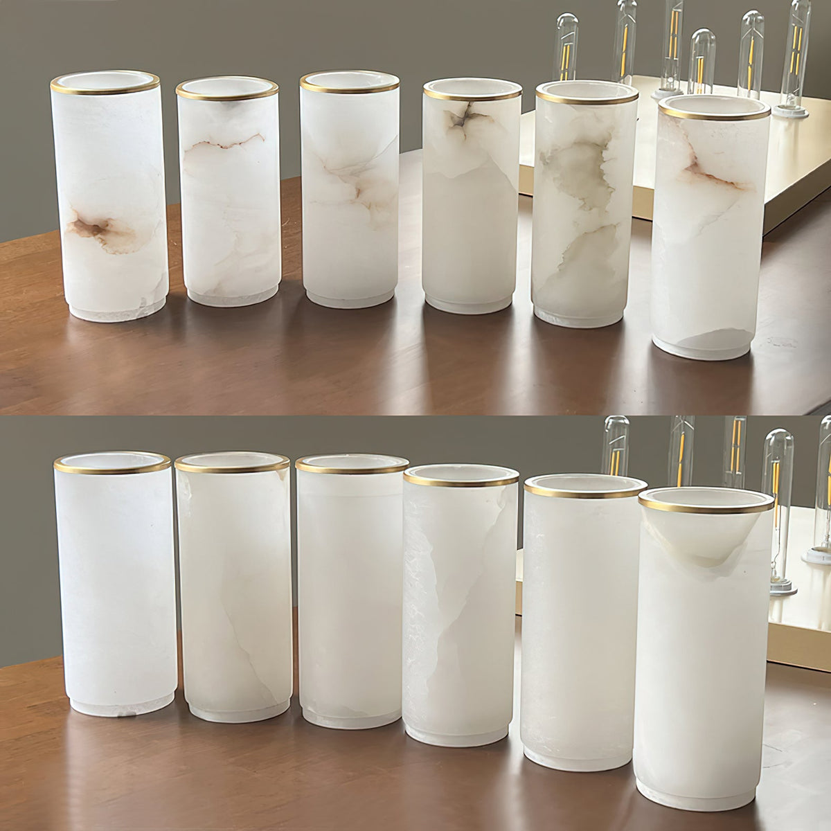 Crestmoor Vanity Alabaster Sconce – Modern Brass & Natural Alabaster Dual Cylinder Sconce