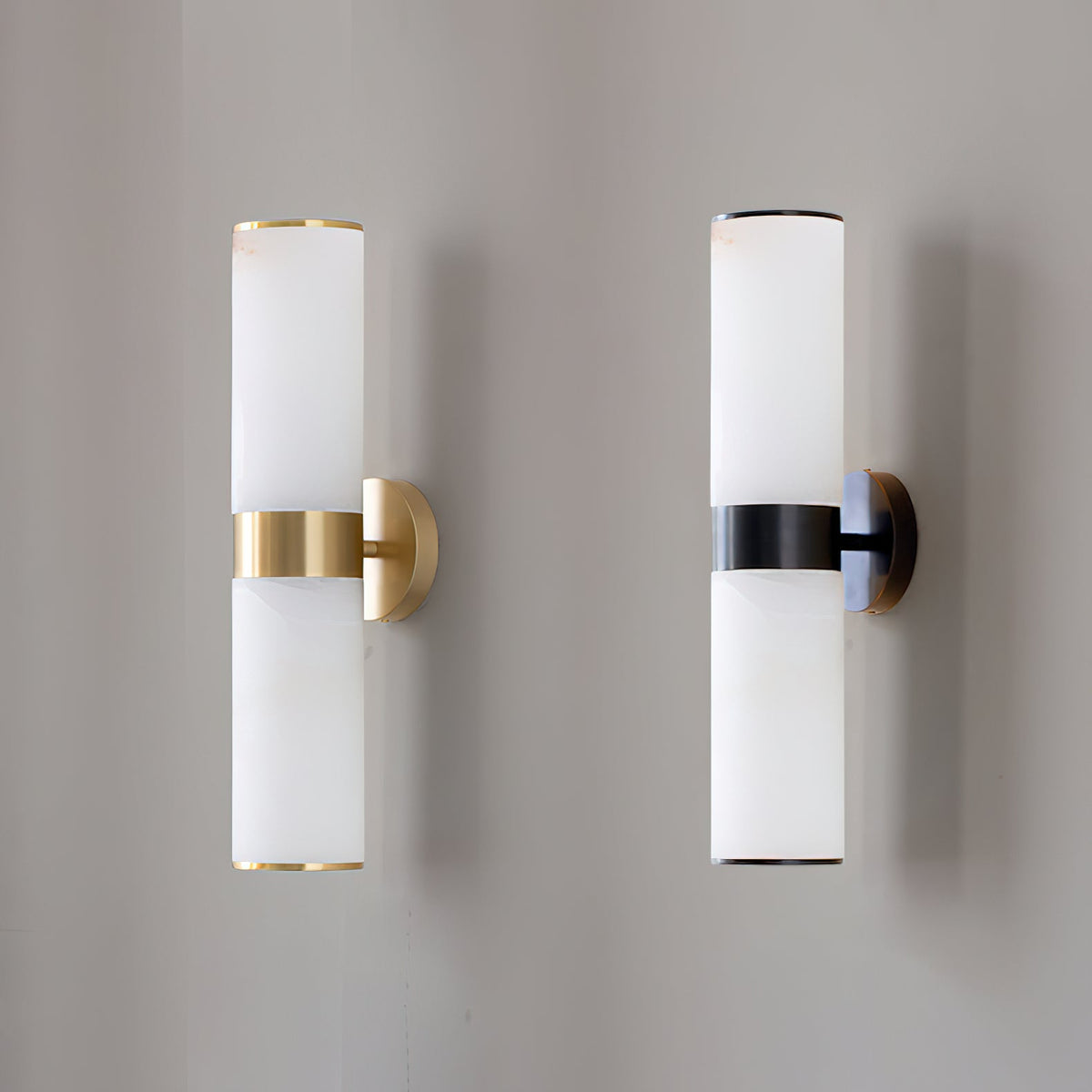 Crestmoor Vanity Alabaster Sconce – Modern Brass & Natural Alabaster Dual Cylinder Sconce