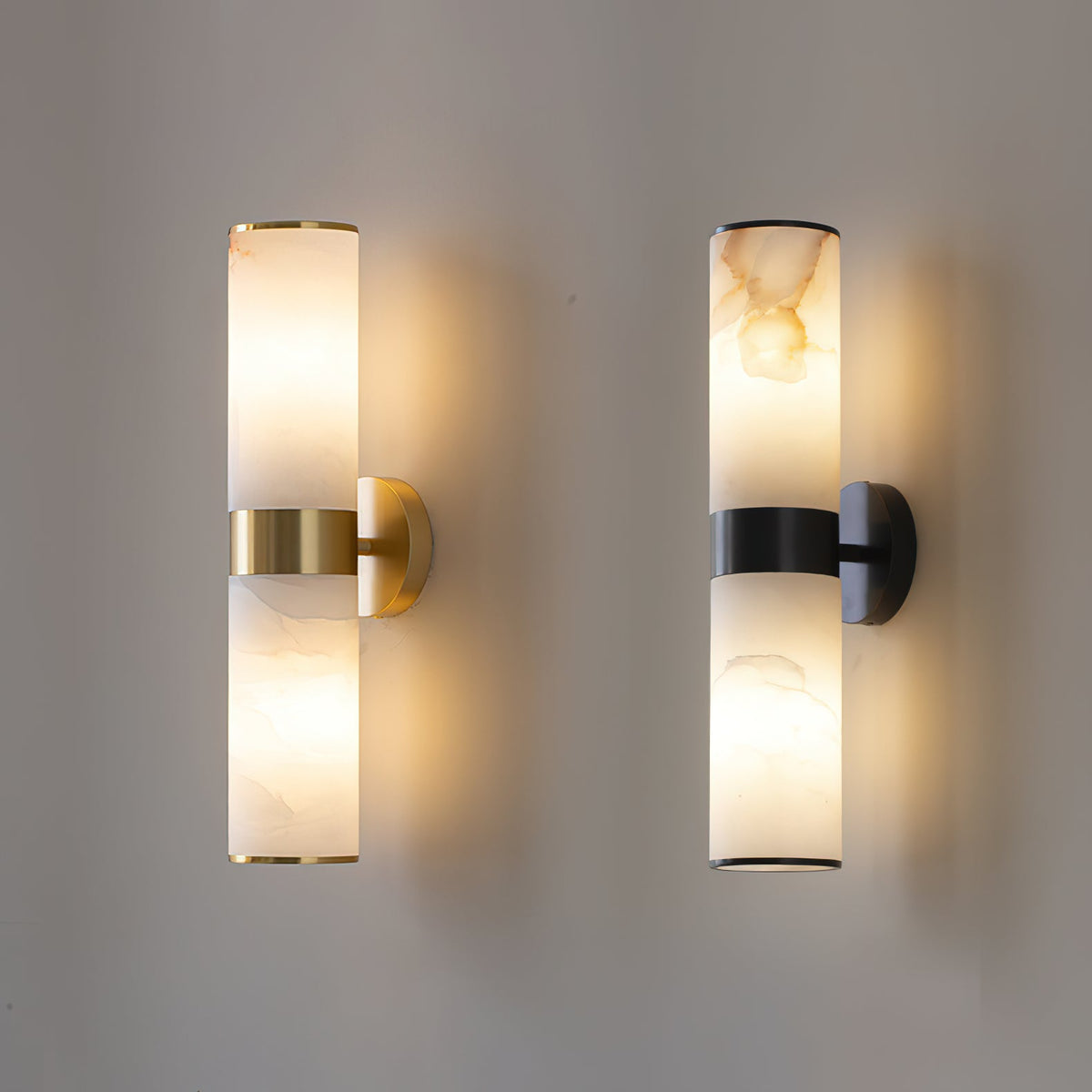 Crestmoor Vanity Alabaster Sconce – Modern Brass & Natural Alabaster Dual Cylinder Sconce