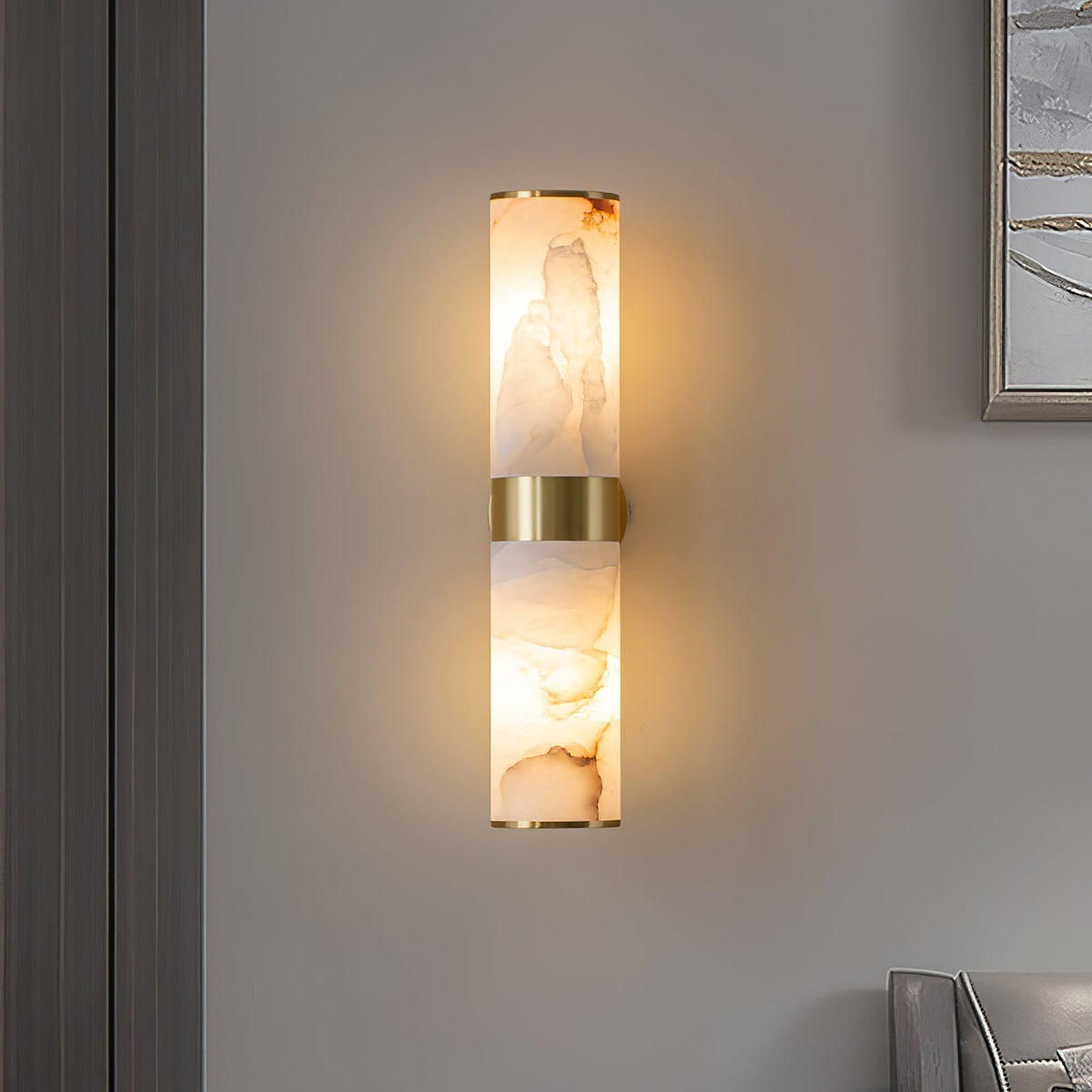 Crestmoor Vanity Alabaster Sconce – Modern Brass & Natural Alabaster Dual Cylinder Sconce