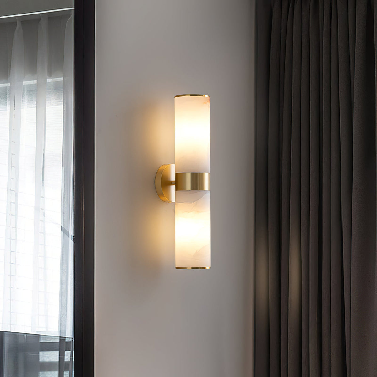 Crestmoor Vanity Alabaster Sconce – Modern Brass & Natural Alabaster Dual Cylinder Sconce