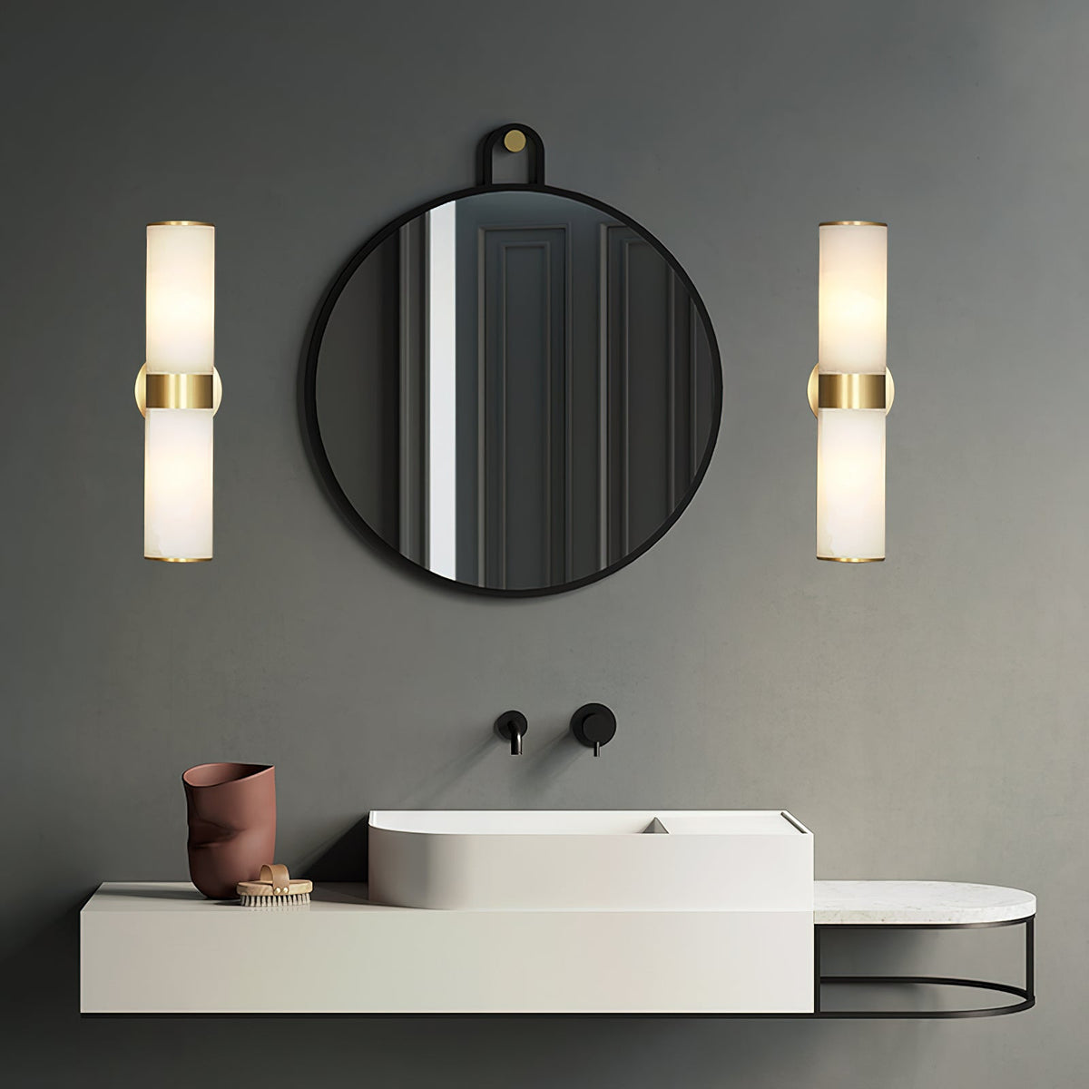 Crestmoor Vanity Alabaster Sconce – Modern Brass & Natural Alabaster Dual Cylinder Sconce