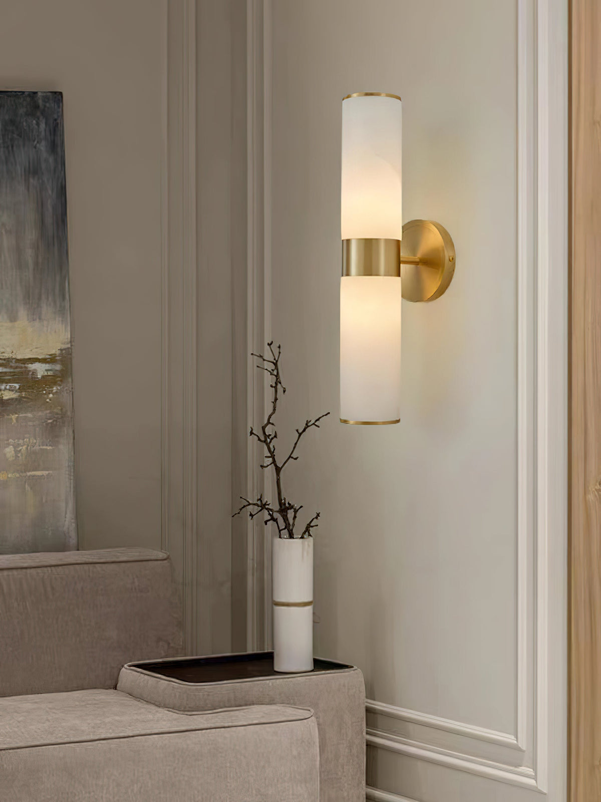 Crestmoor Vanity Alabaster Sconce – Modern Brass & Natural Alabaster Dual Cylinder Sconce