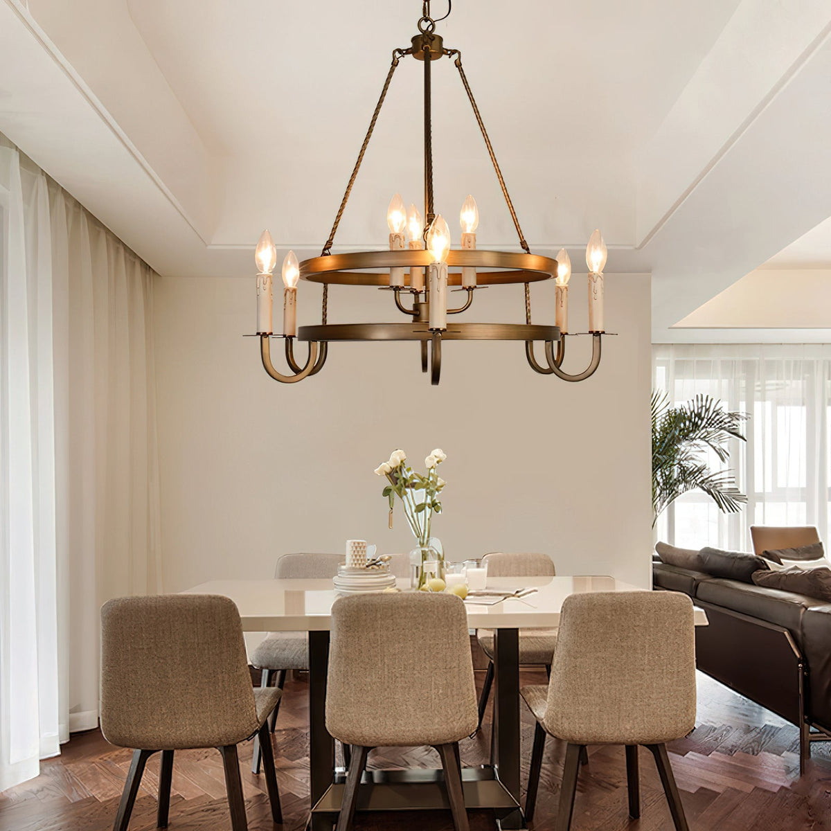 Crowley Wagon Wheel Chandelier – Brushed Bronze Two-Tier Brass Chandelier