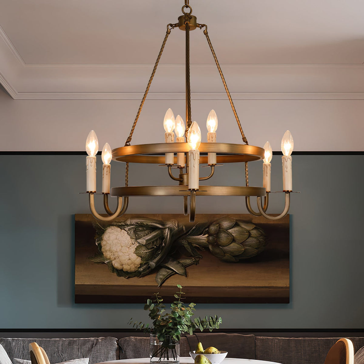 Crowley Wagon Wheel Chandelier – Brushed Bronze Two-Tier Brass Chandelier