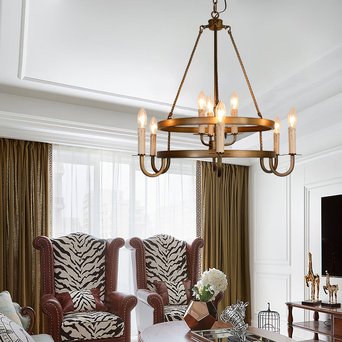Crowley Wagon Wheel Chandelier – Brushed Bronze Two-Tier Brass Chandelier
