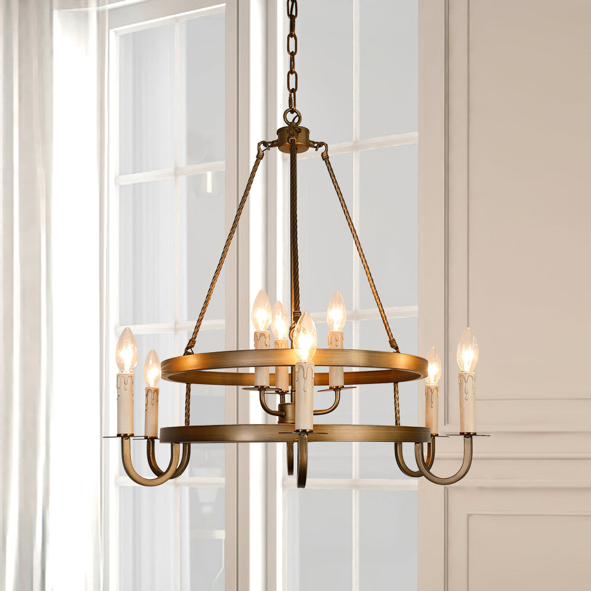 Crowley Wagon Wheel Chandelier – Brushed Bronze Two-Tier Brass Chandelier