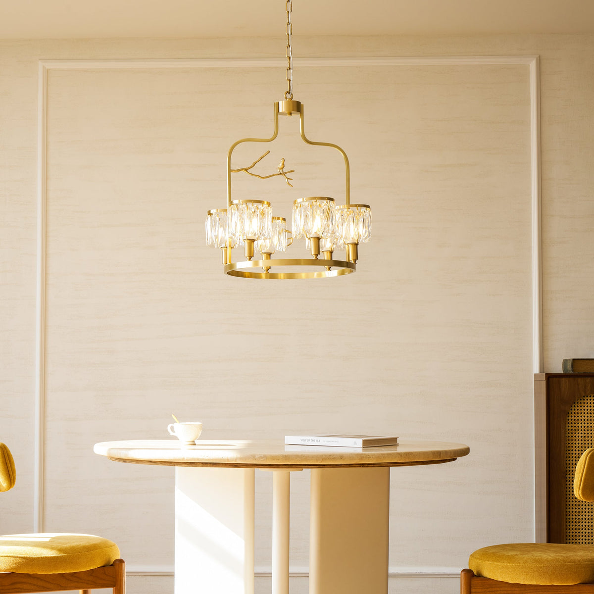 Crystal Bird Chandelier – Sculptural Brass & Carved Crystal Bird Pendant Light