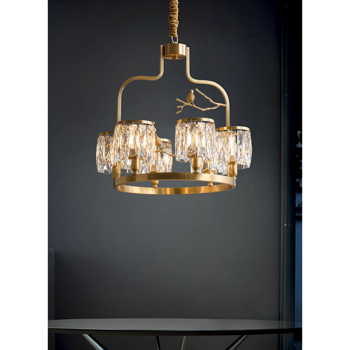 Crystal Bird Chandelier – Sculptural Brass & Carved Crystal Bird Pendant Light
